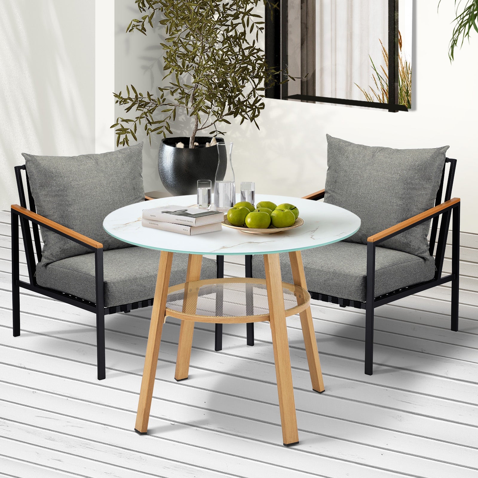 Livsip 3 Piece Outdoor Dining Setting Table w/Storage Shelf Patio Furniture Set - Sunyee