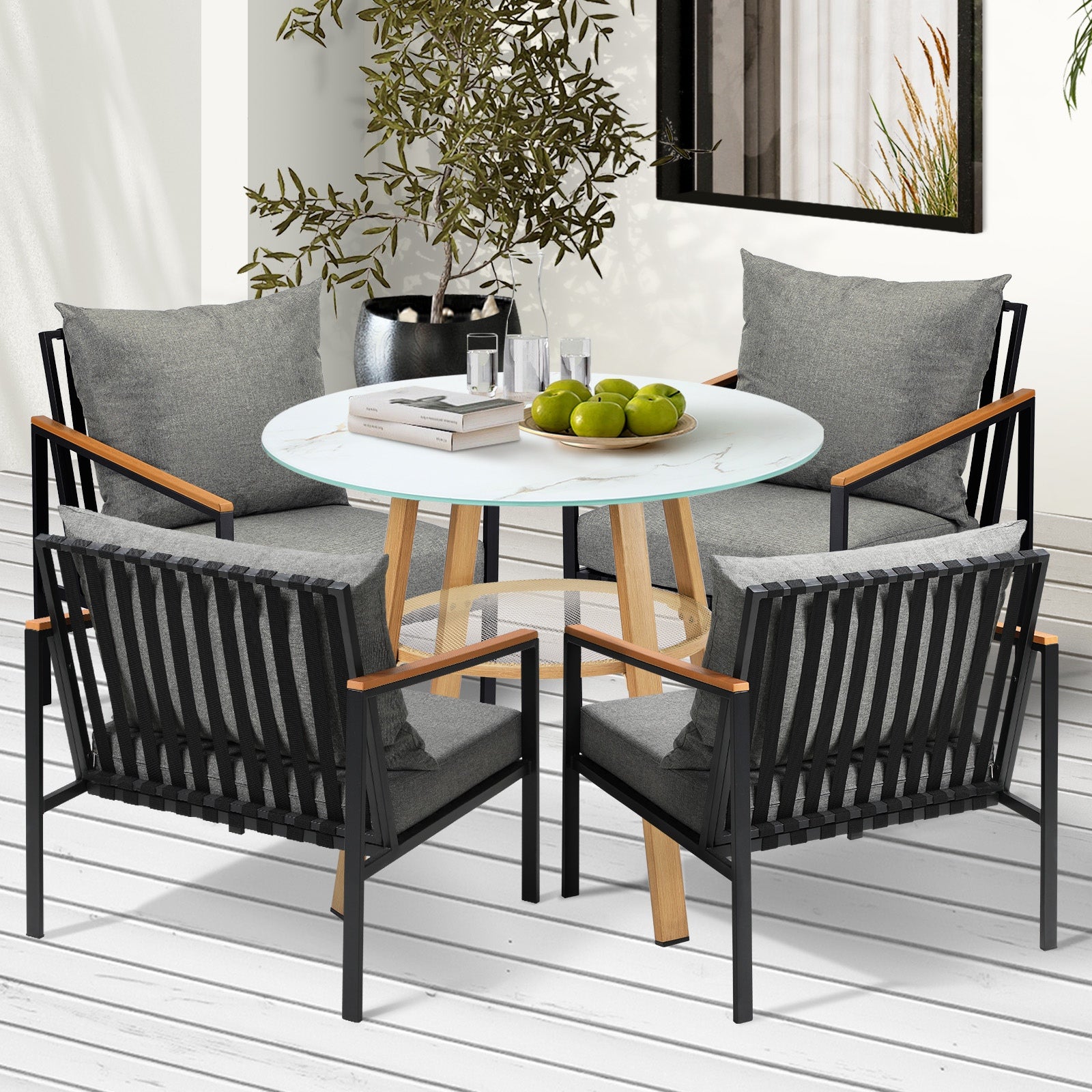 Livsip 5 Piece Outdoor Dining Setting Table Patio w/Storage Shelf Furniture Set - Sunyee