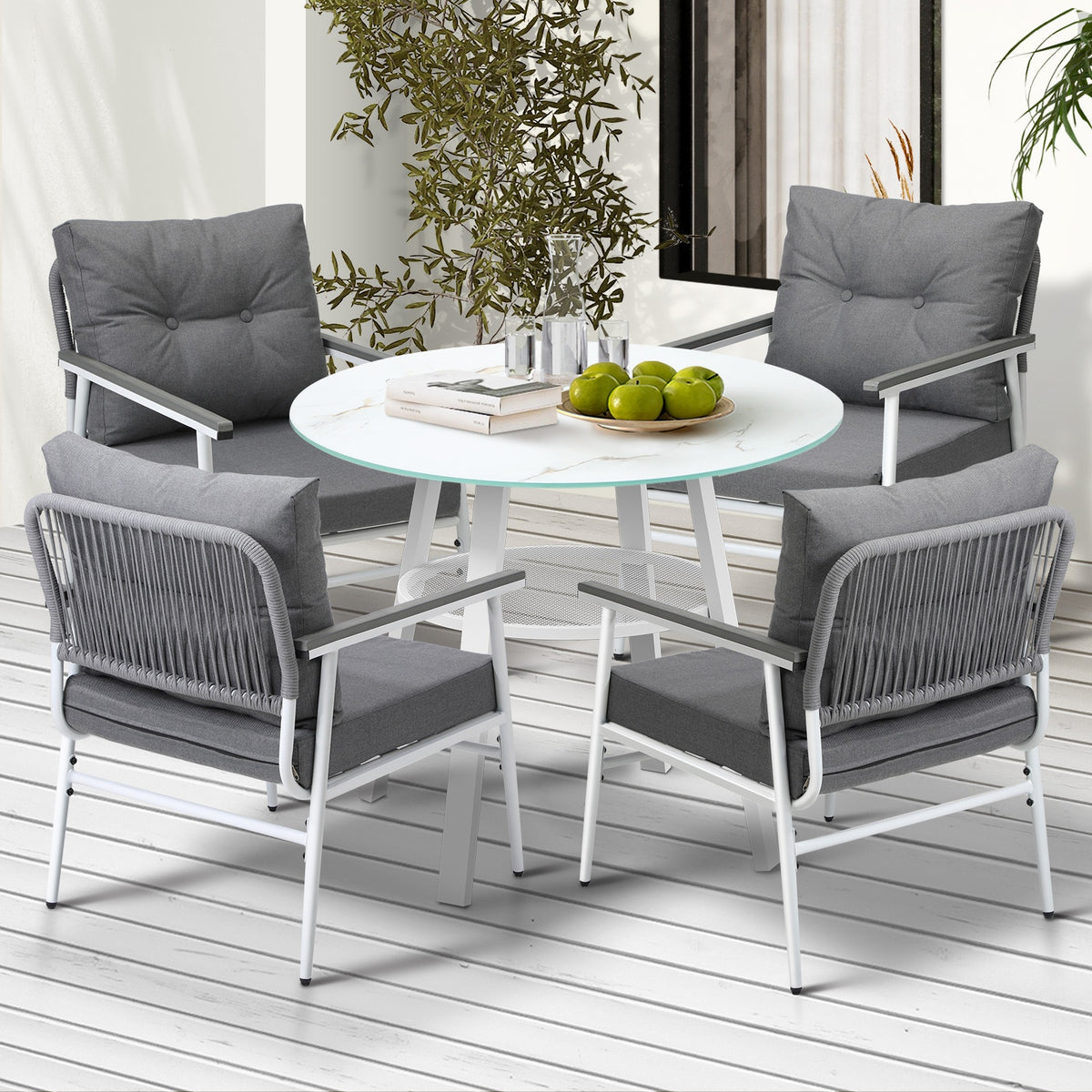 Livsip Outdoor Dining Setting Patio Furniture Set 4 Seater Tempered Glass Table - Sunyee