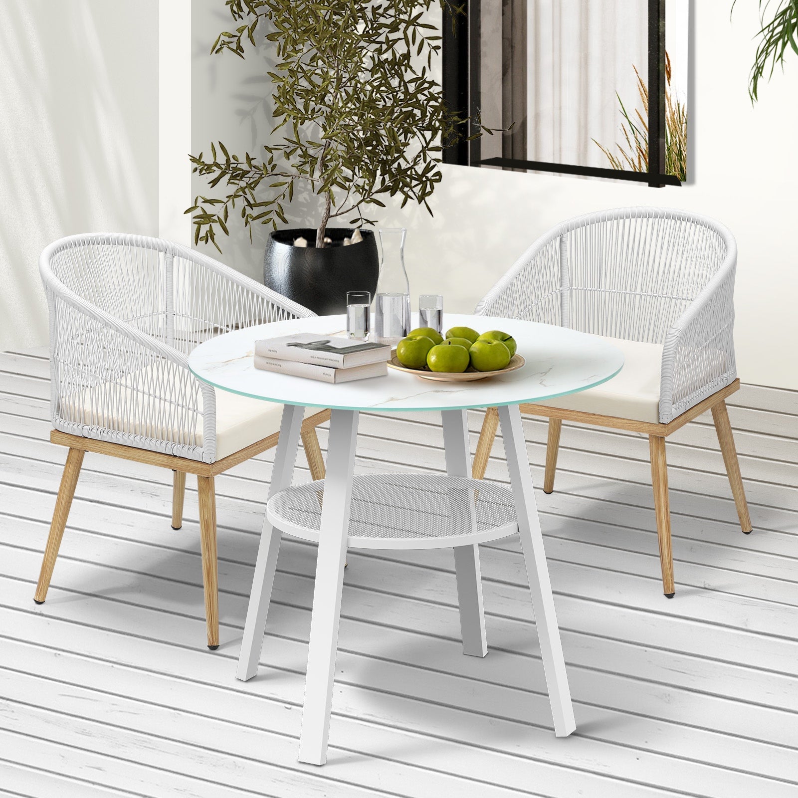 Livsip 3PCS Outdoor Dining Setting Table w/Storage Shelf Patio Furniture Set - Sunyee