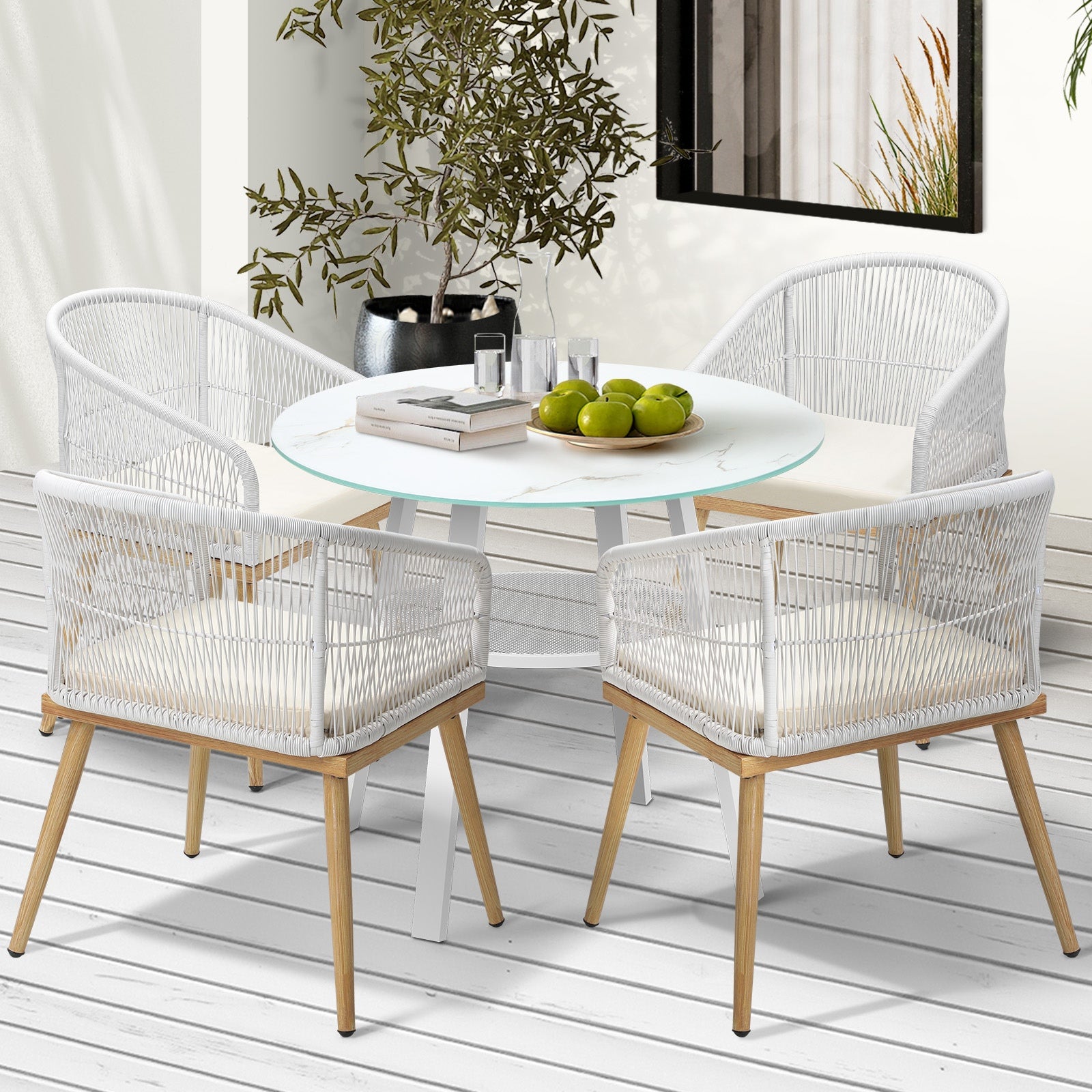 Livsip 5PCS Outdoor Dining Setting Table w/ Storage Shelf Patio Furniture Set - Sunyee
