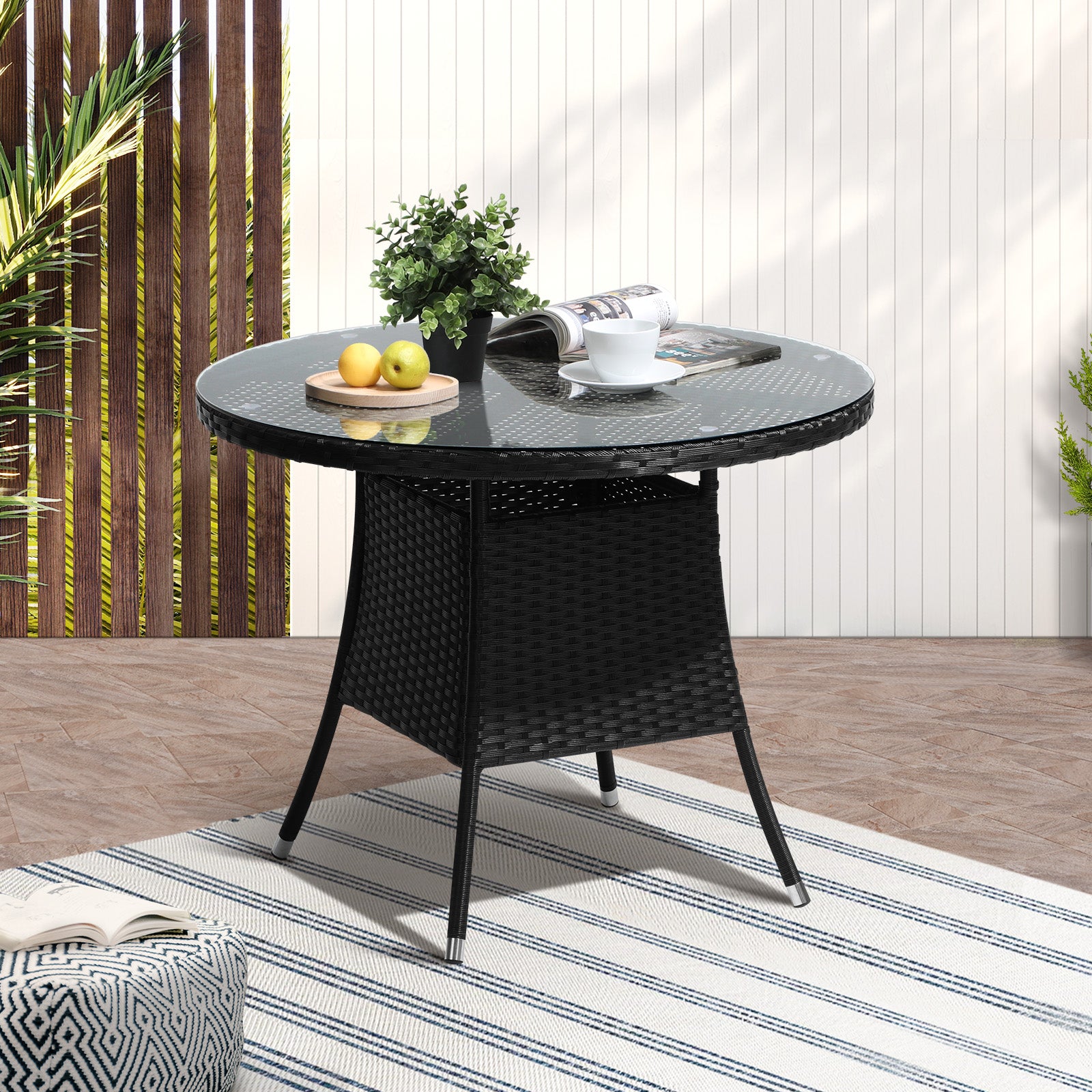 Livsip Outdoor Dining Table 90CM Round Rattan Glass Table Patio Furniture Black - Sunyee