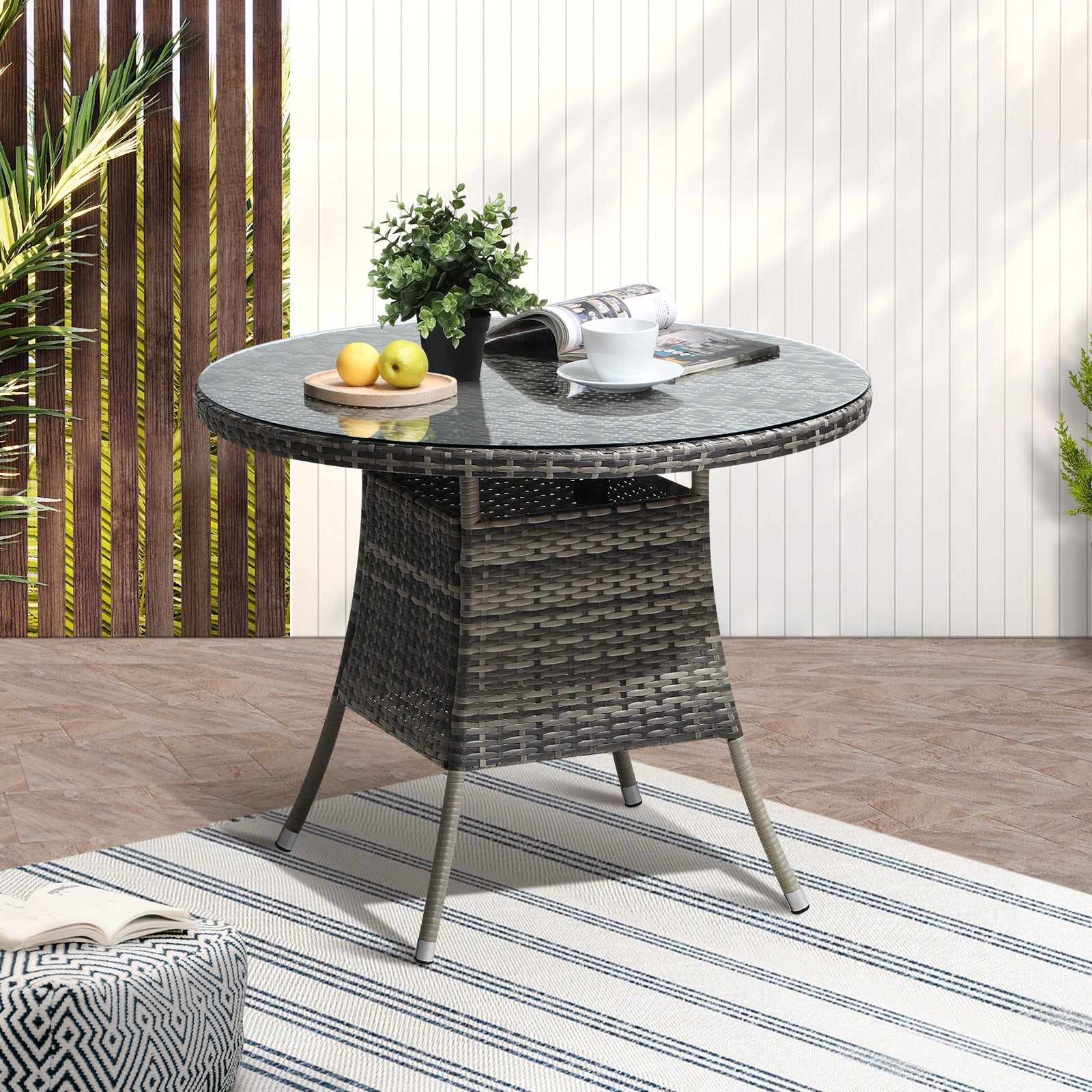 Livsip 90CM Outdoor Dining Table Round Rattan Glass Table Patio Furniture Grey - Sunyee