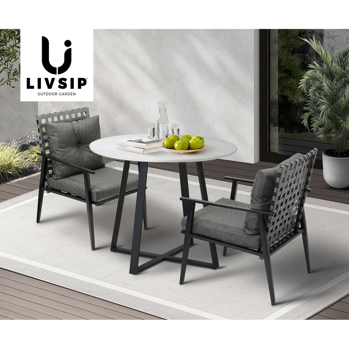 Livsip Outdoor Dining Set 2 Seater Marble Table Patio Furniture Rattan Armchair