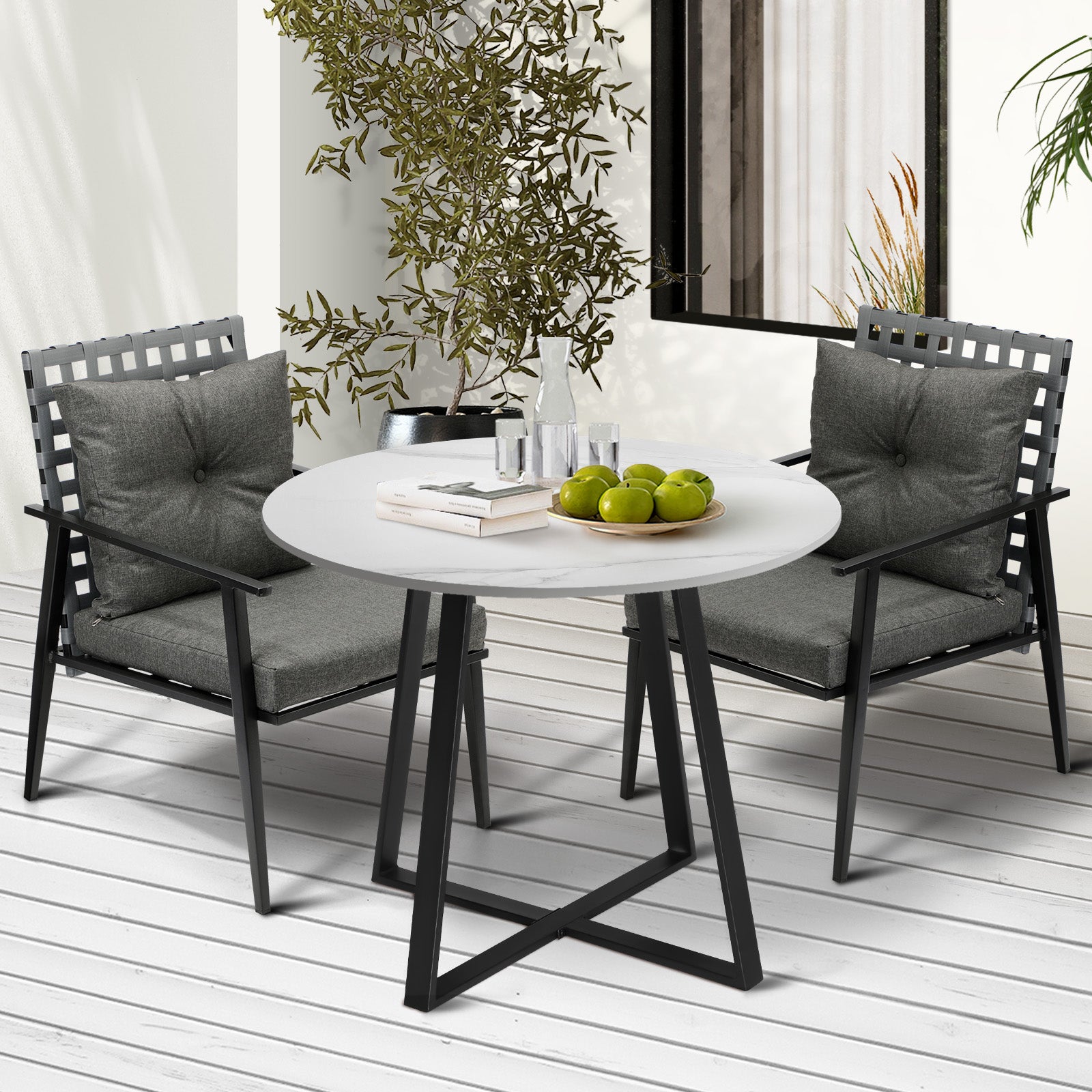 Livsip Outdoor Dining Set 2 Seater Marble Table Patio Furniture Rattan Armchair - Sunyee