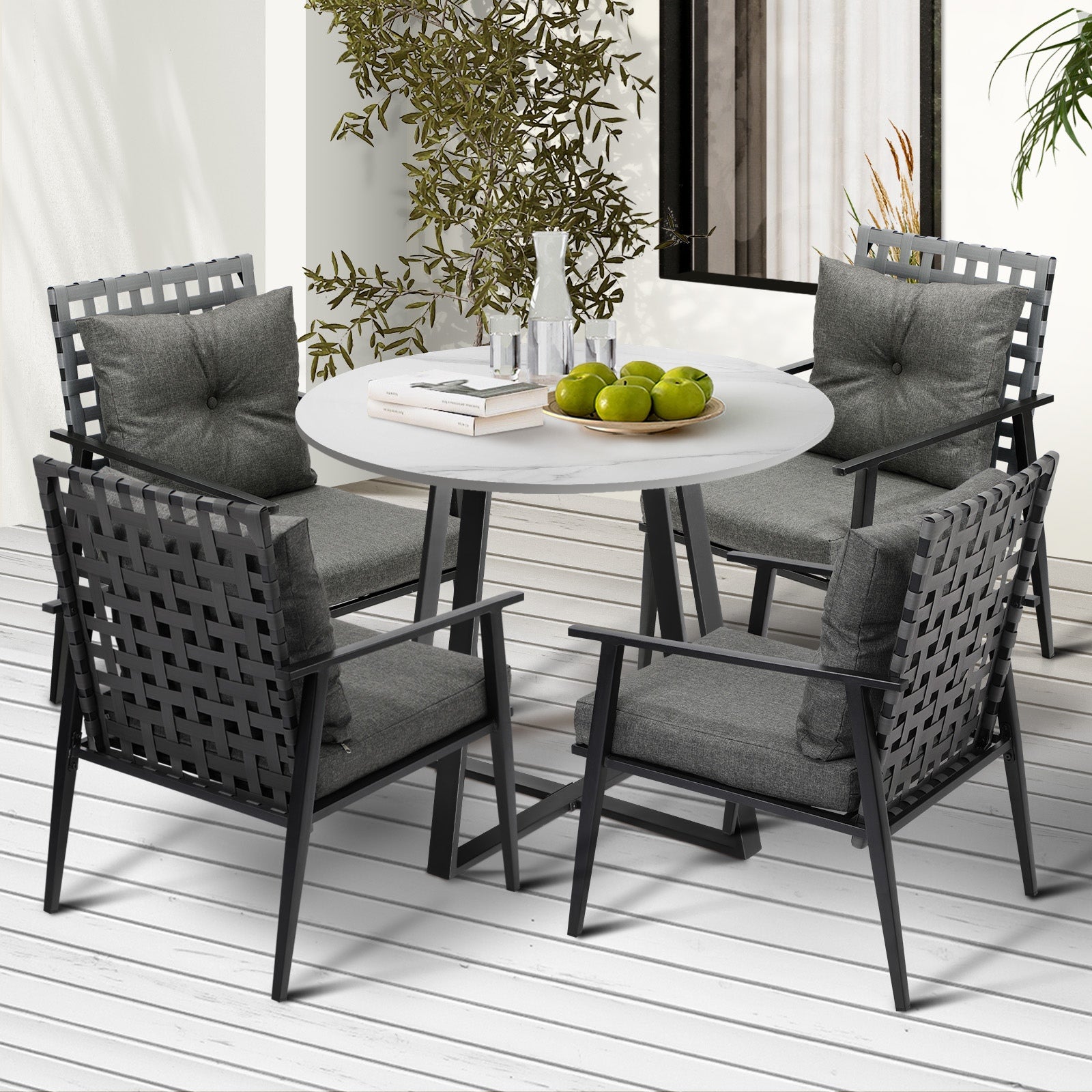 Livsip Outdoor Dining Set 4 Seater Marble Table Patio Furniture Rattan Armchair - Sunyee
