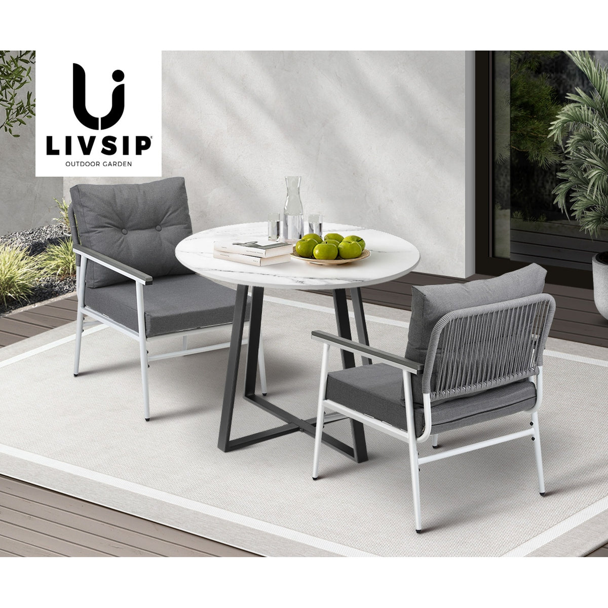 Livsip Outdoor Dining Set Patio Furniture 2 Seater Marble Table