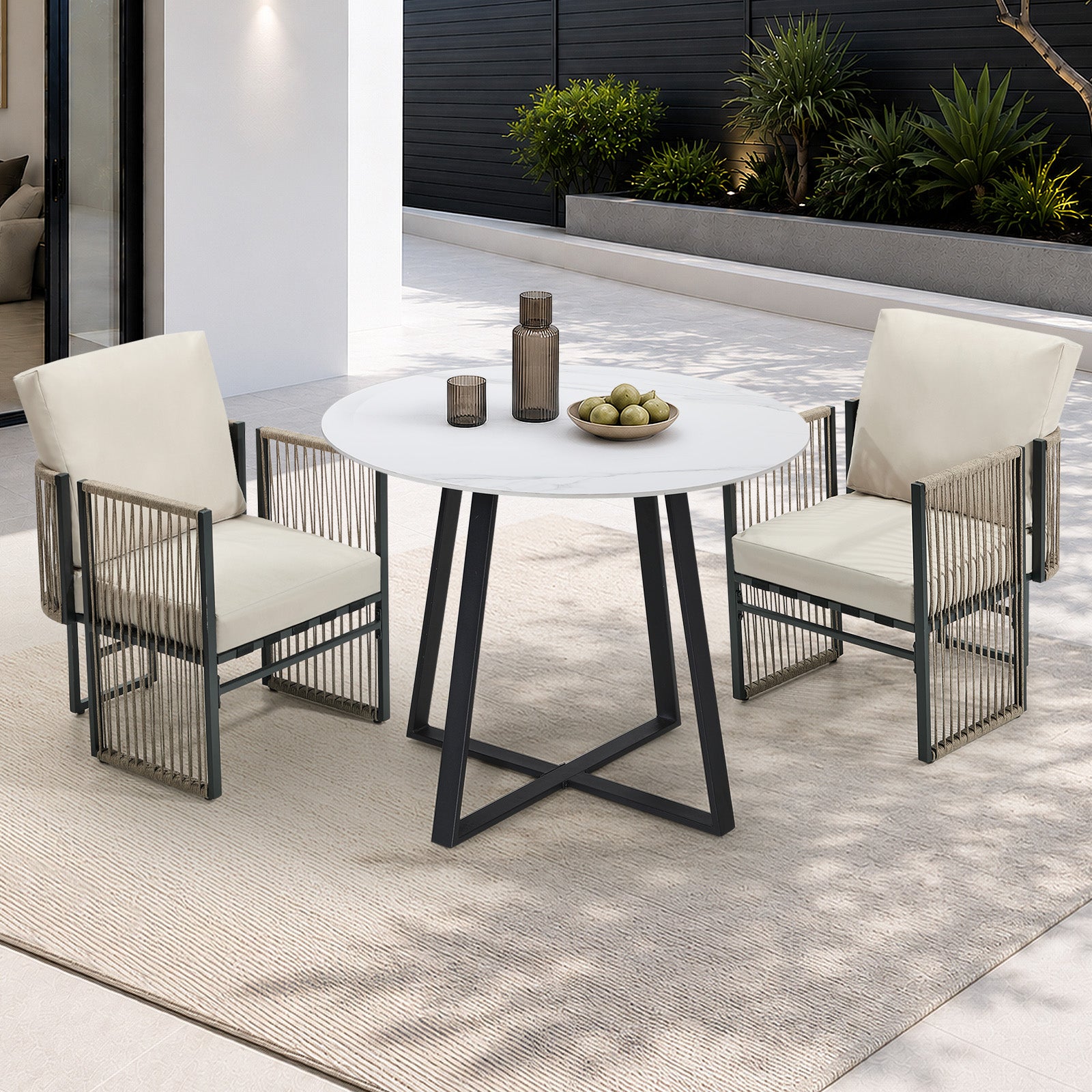 Livsip 3 Pieces Outdoor Dining Set Chair and Table Rope Garden Furniture