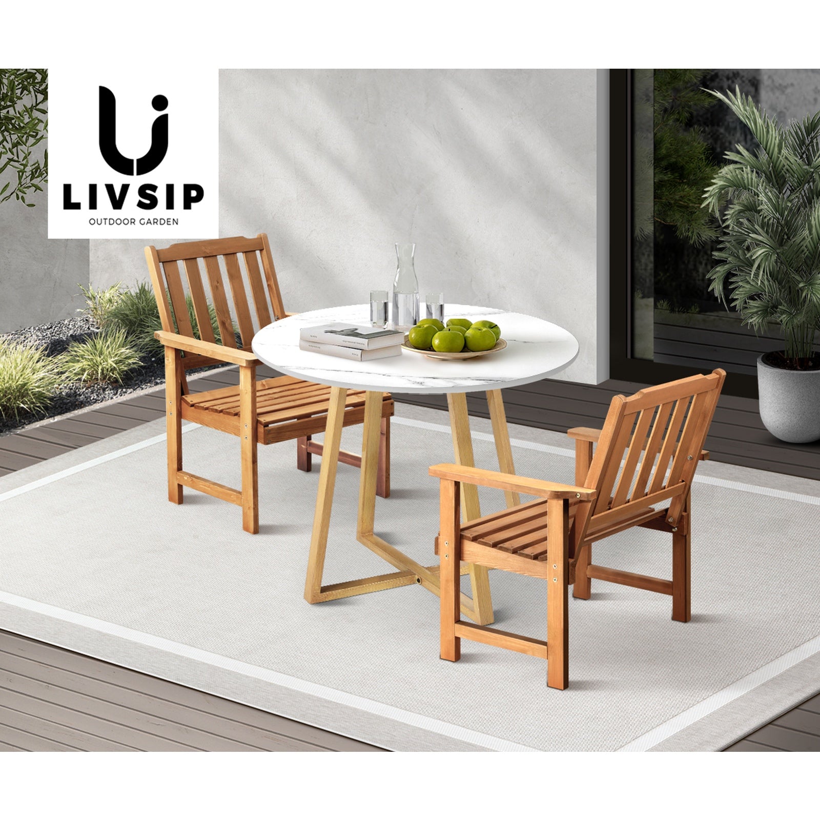 Livsip Outdoor Patio Set Solid Wood Chair and Table 3PC Furniture Dining Setting - Sunyee