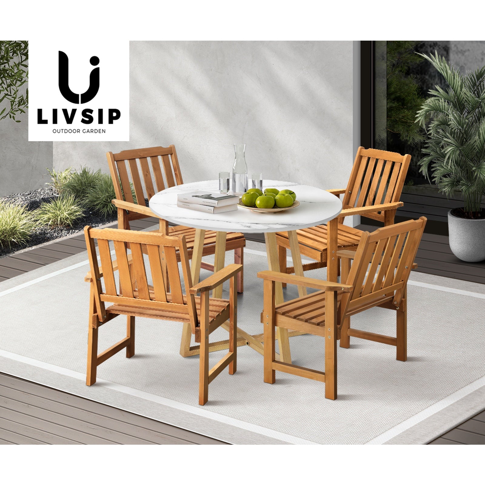 Livsip Outdoor Patio Set Solid Wood Chair and Table 5PC Furniture Dining Setting - Sunyee
