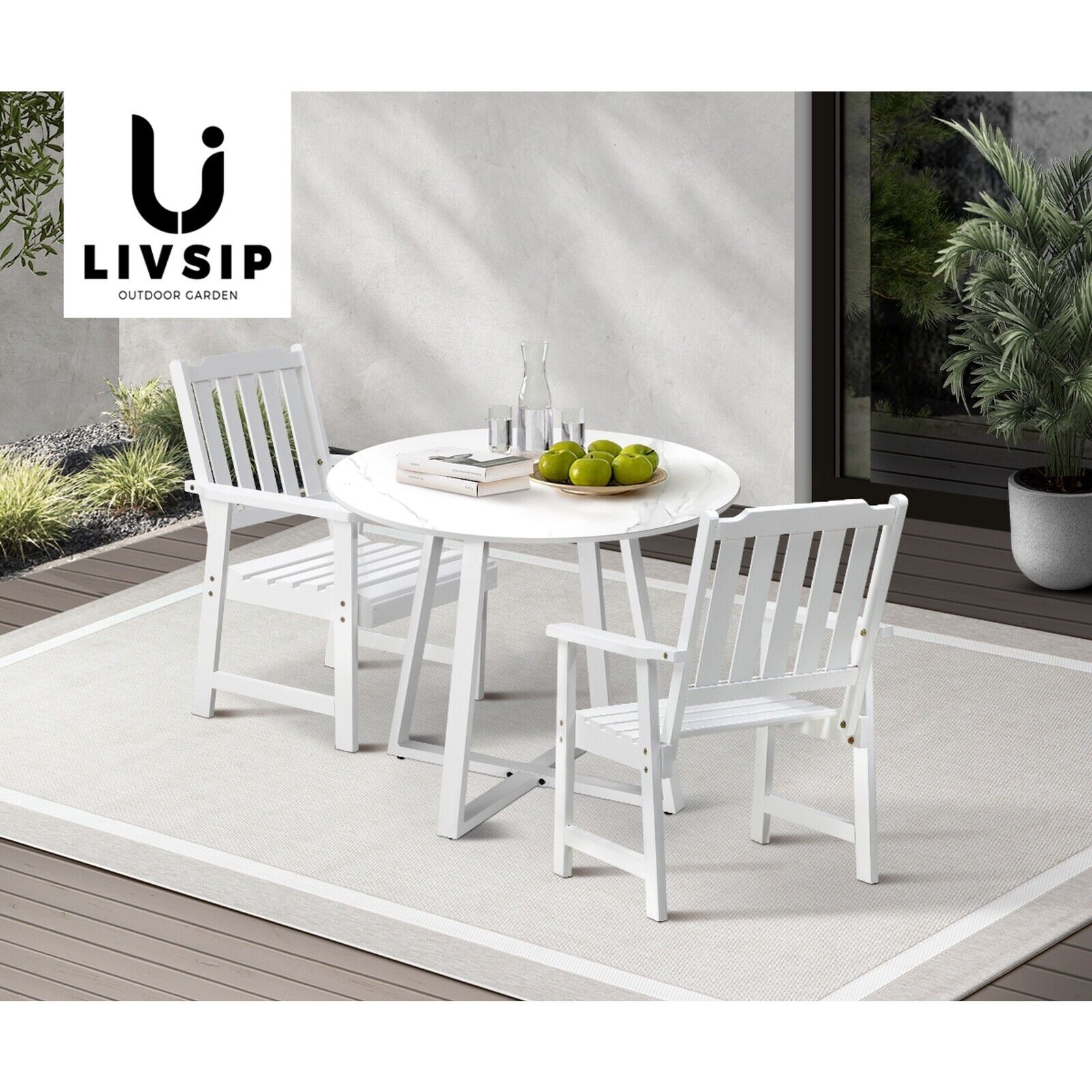 Livsip 3PCS Outdoor Dining Setting Table Solid Wood Chair Patio Furniture Set - Sunyee