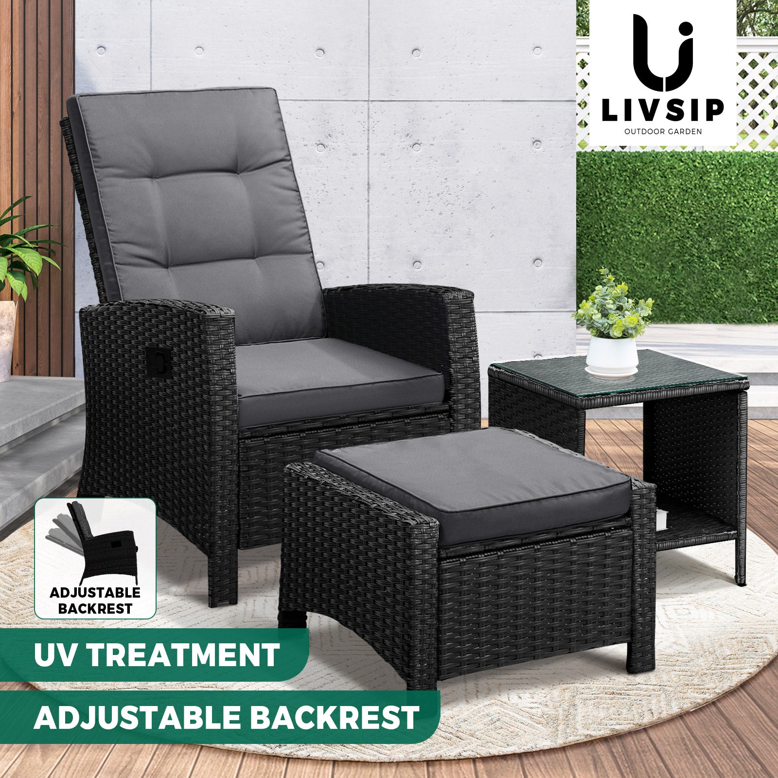 Livsip Outdoor Recliner Chairs Sun Lounger Wicker Sofa Patio Furniture Setting - Sunyee