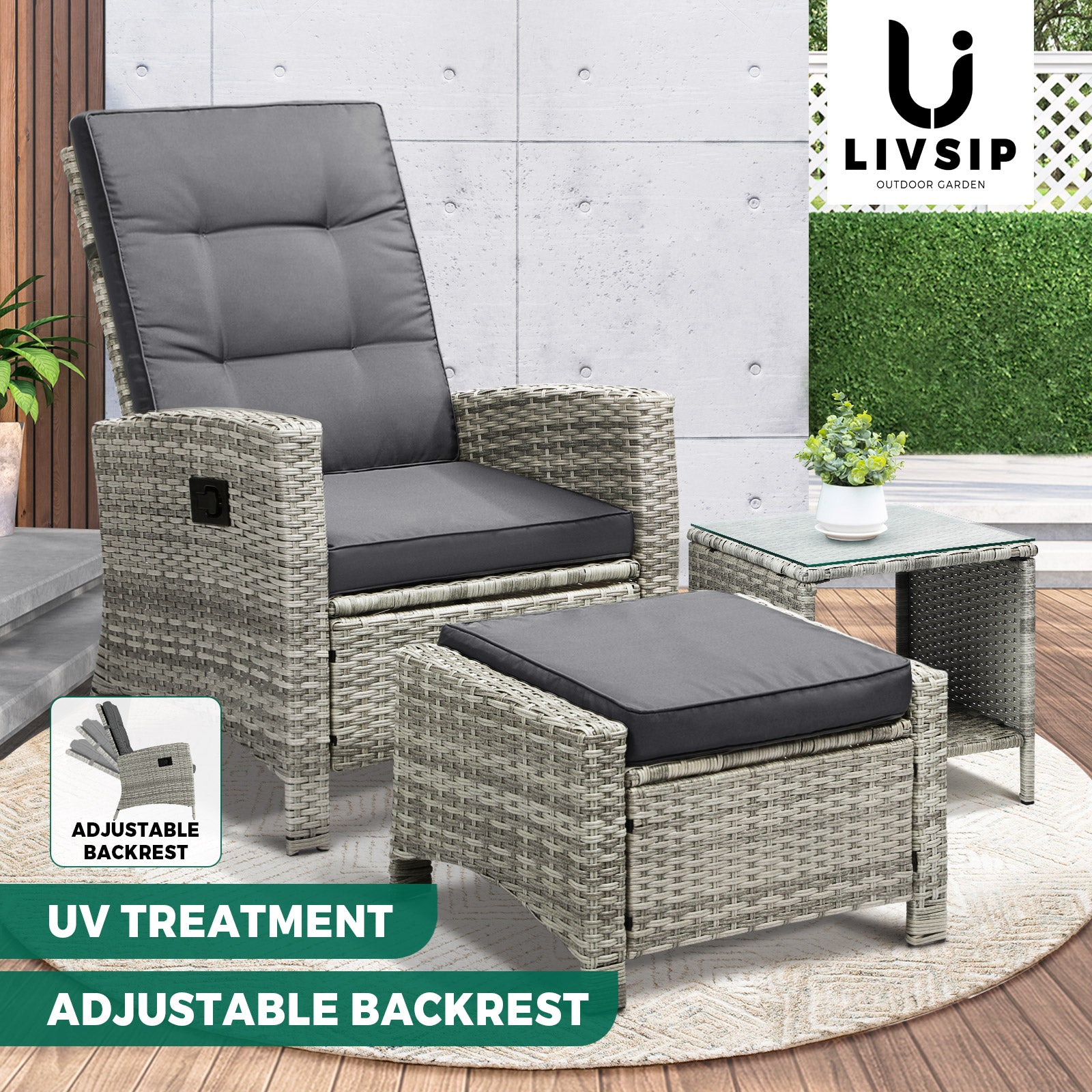 Livsip Outdoor Recliner Chairs Sun Lounger Wicker Sofa Patio Furniture Setting - Sunyee