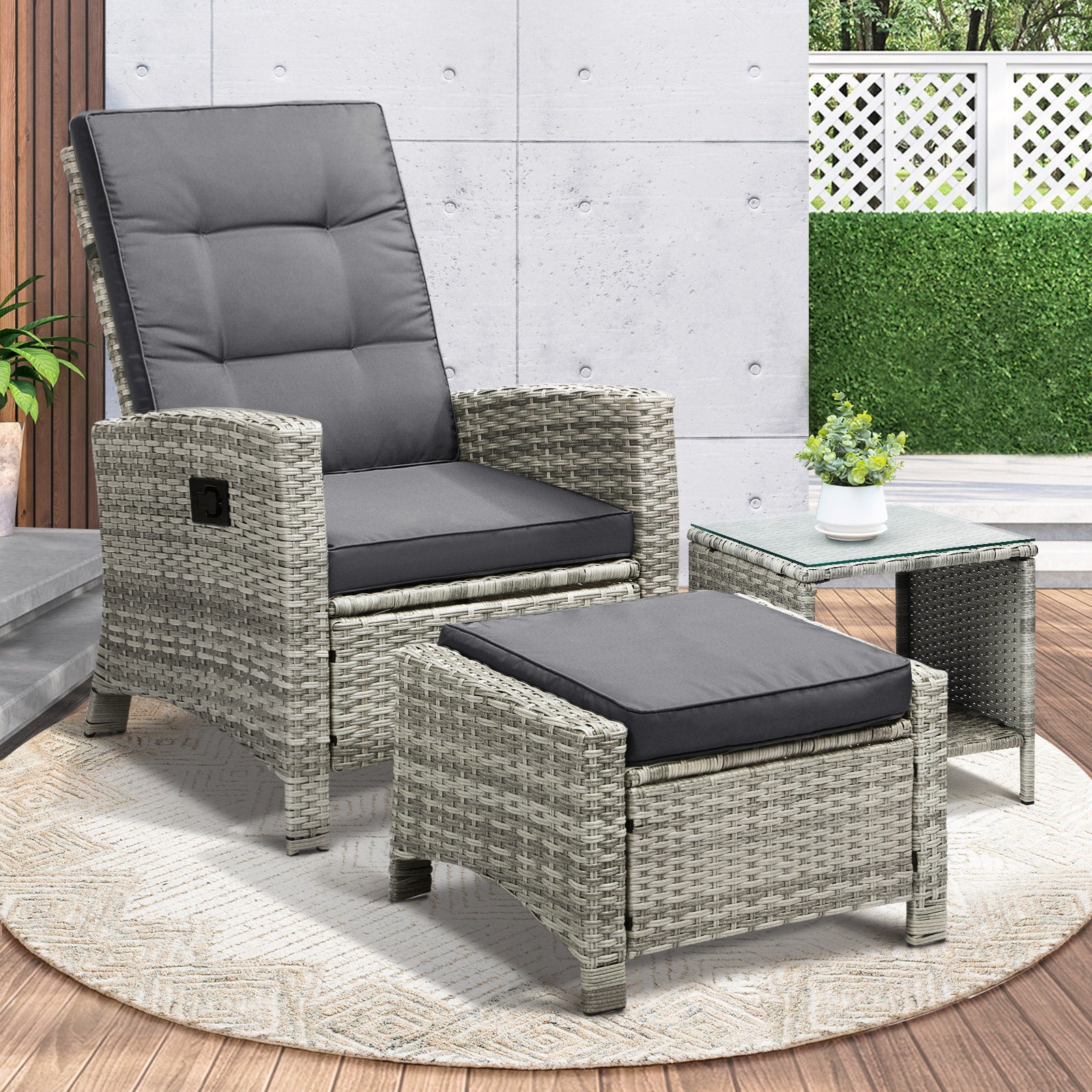 Livsip Recliner Chair Outdoor Sun Lounge Setting Wicker Sofa Patio Furniture 3PC - Sunyee