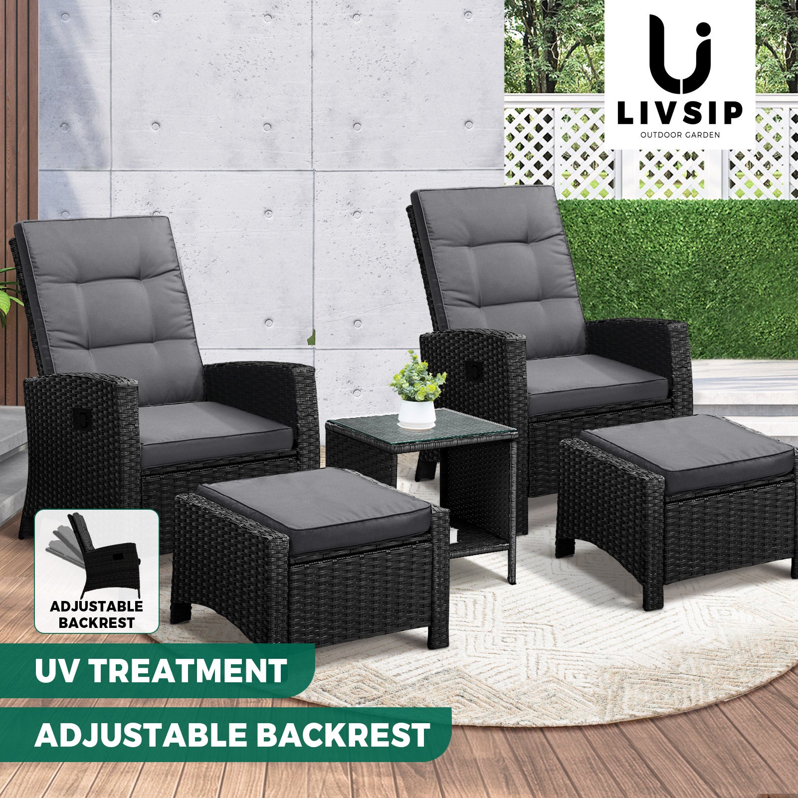Livsip Outdoor Recliner Chairs Sun Lounger Wicker Sofa Patio Furniture Setting - Sunyee