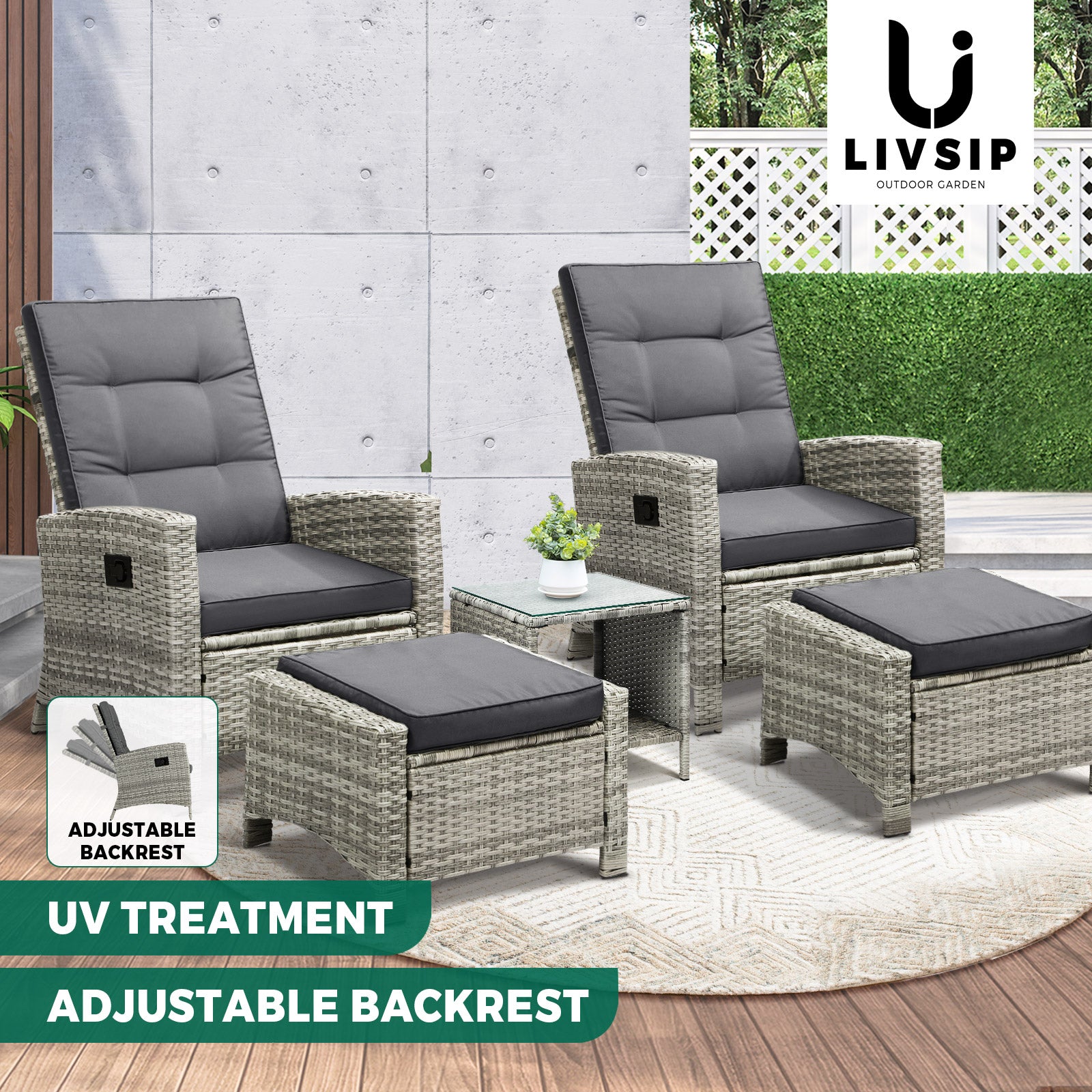 Livsip Outdoor Recliner Chairs Sun Lounger Wicker Sofa Patio Furniture Setting - Sunyee