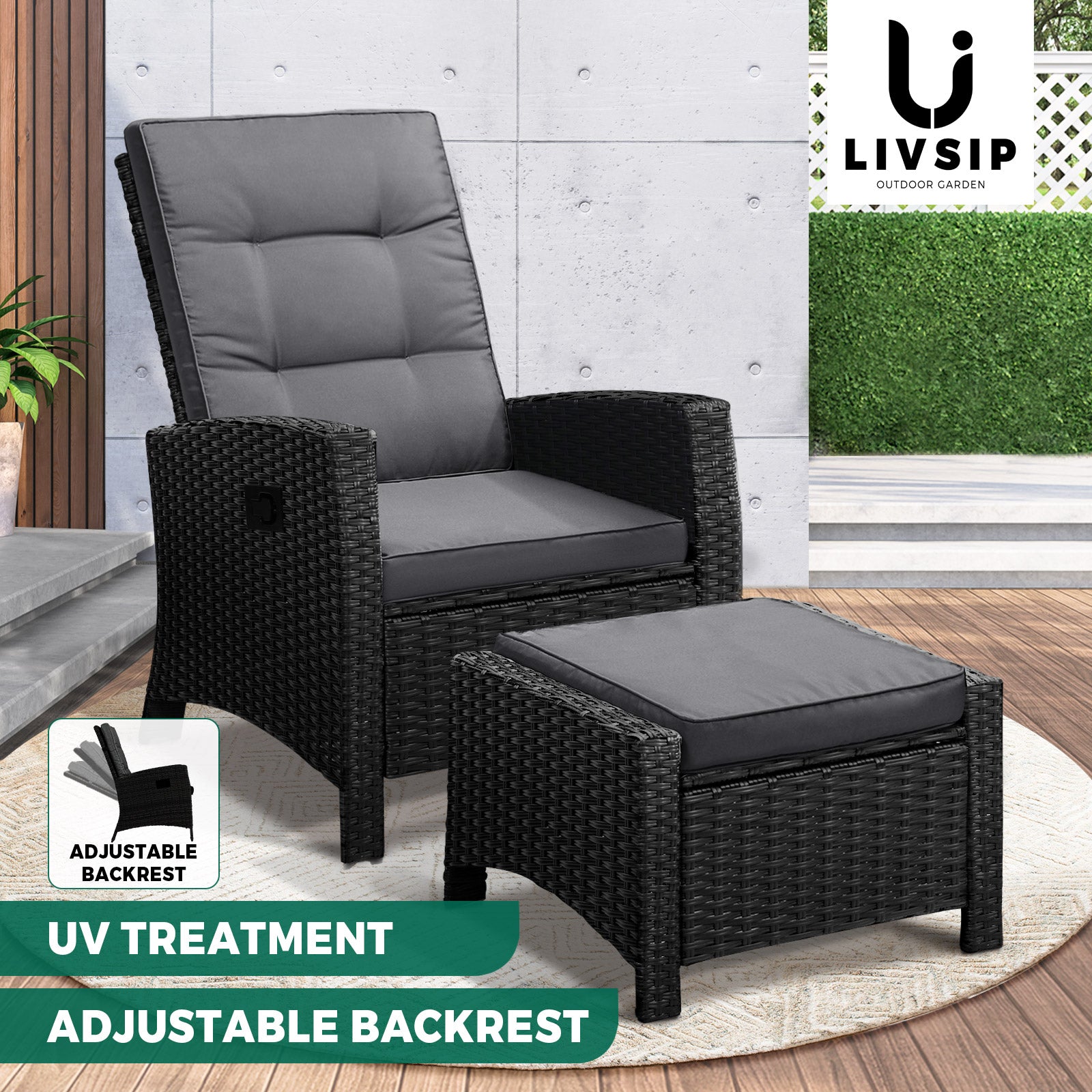 Livsip Outdoor Recliner Chairs Sun Lounger Wicker Sofa Patio Furniture Setting - Sunyee