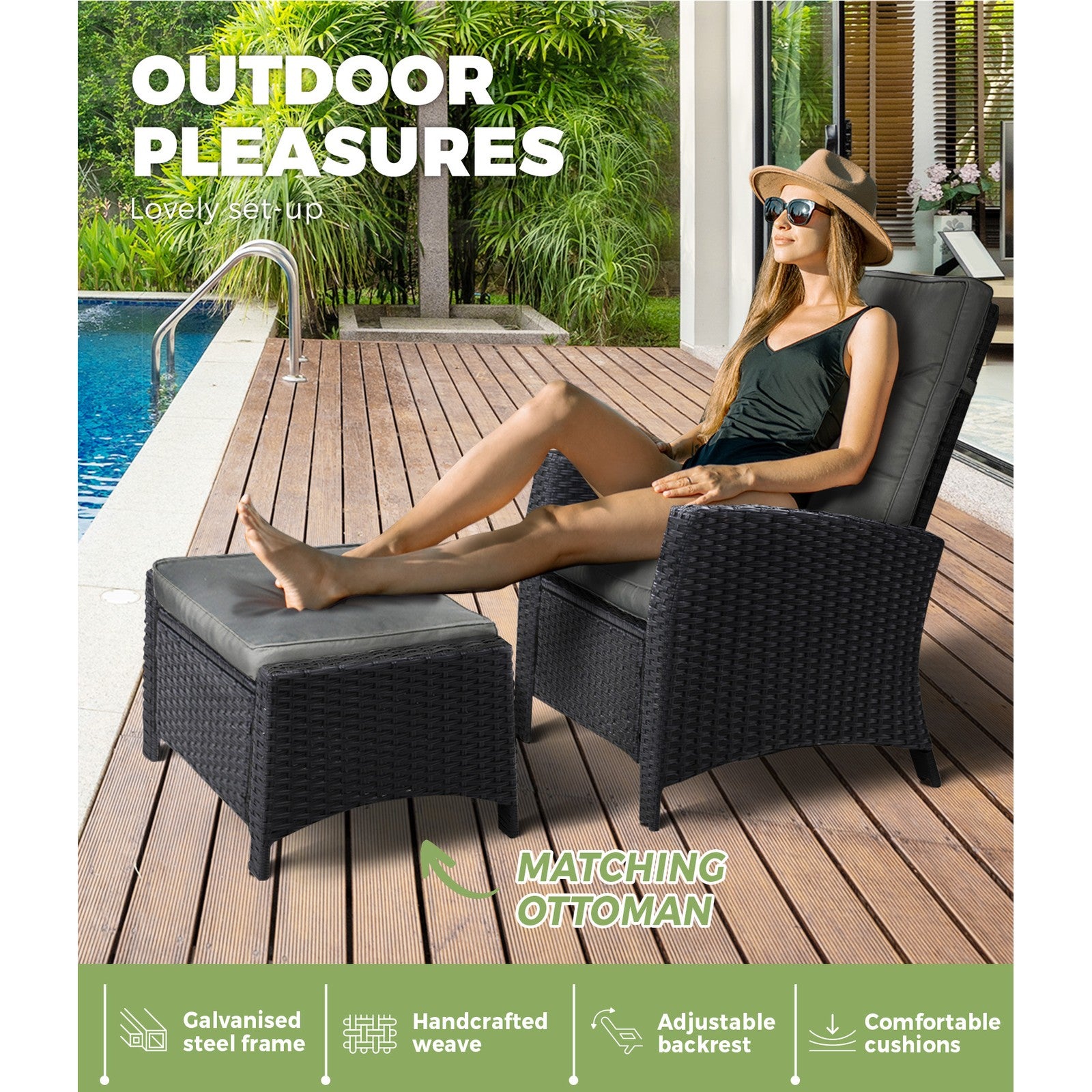 Livsip Outdoor Recliner Chairs Sun Lounge Wicker Sofa Patio Furniture Garden - Sunyee