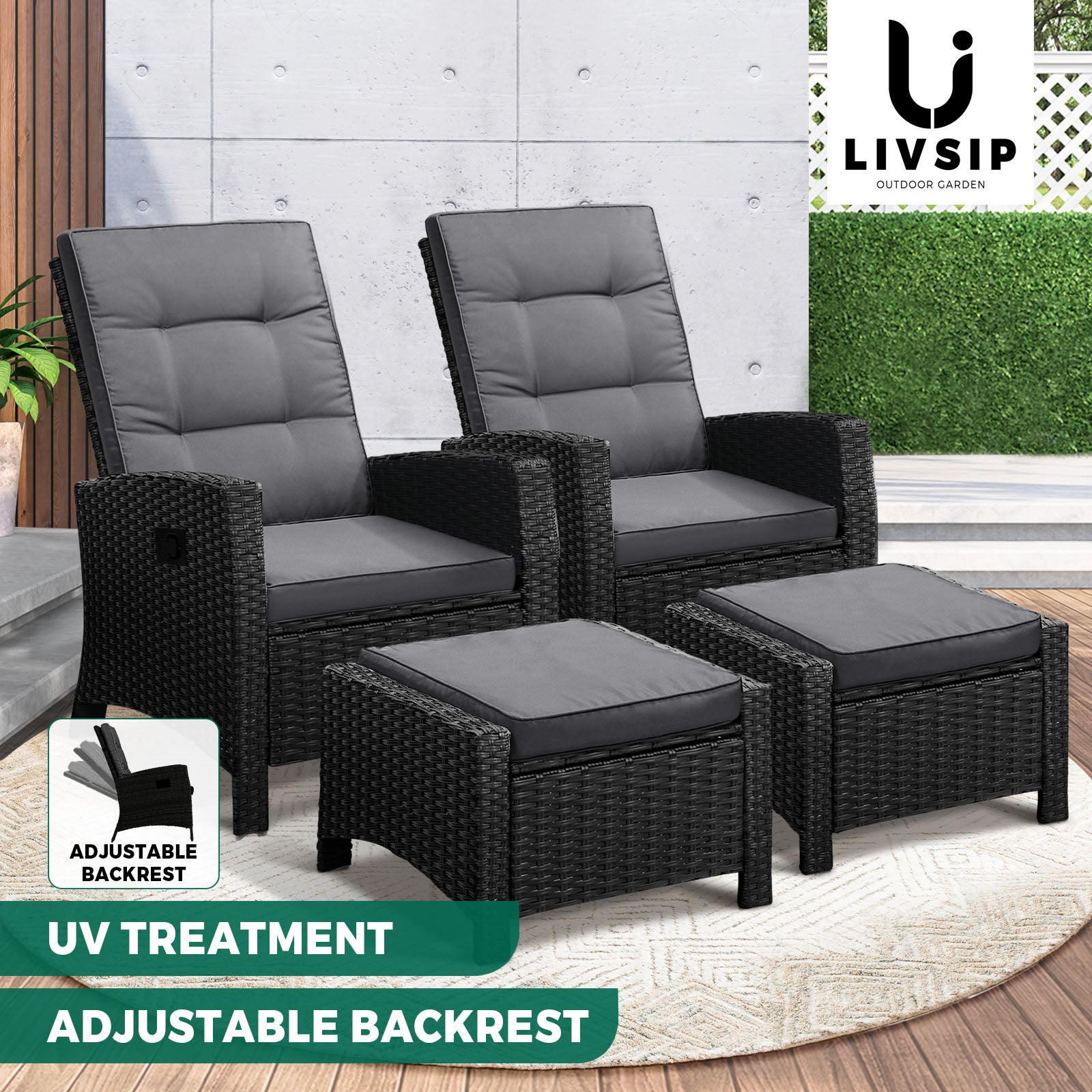 Livsip Recliner Chairs Sun Lounge Outdoor Patio Furniture Wicker Lounger 2X - Sunyee