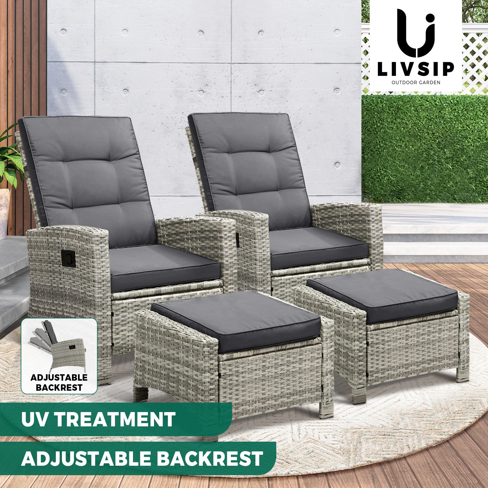Livsip Recliner Chairs Outdoor Sun Lounger Setting Wicker Sofa Patio Furniture - Sunyee