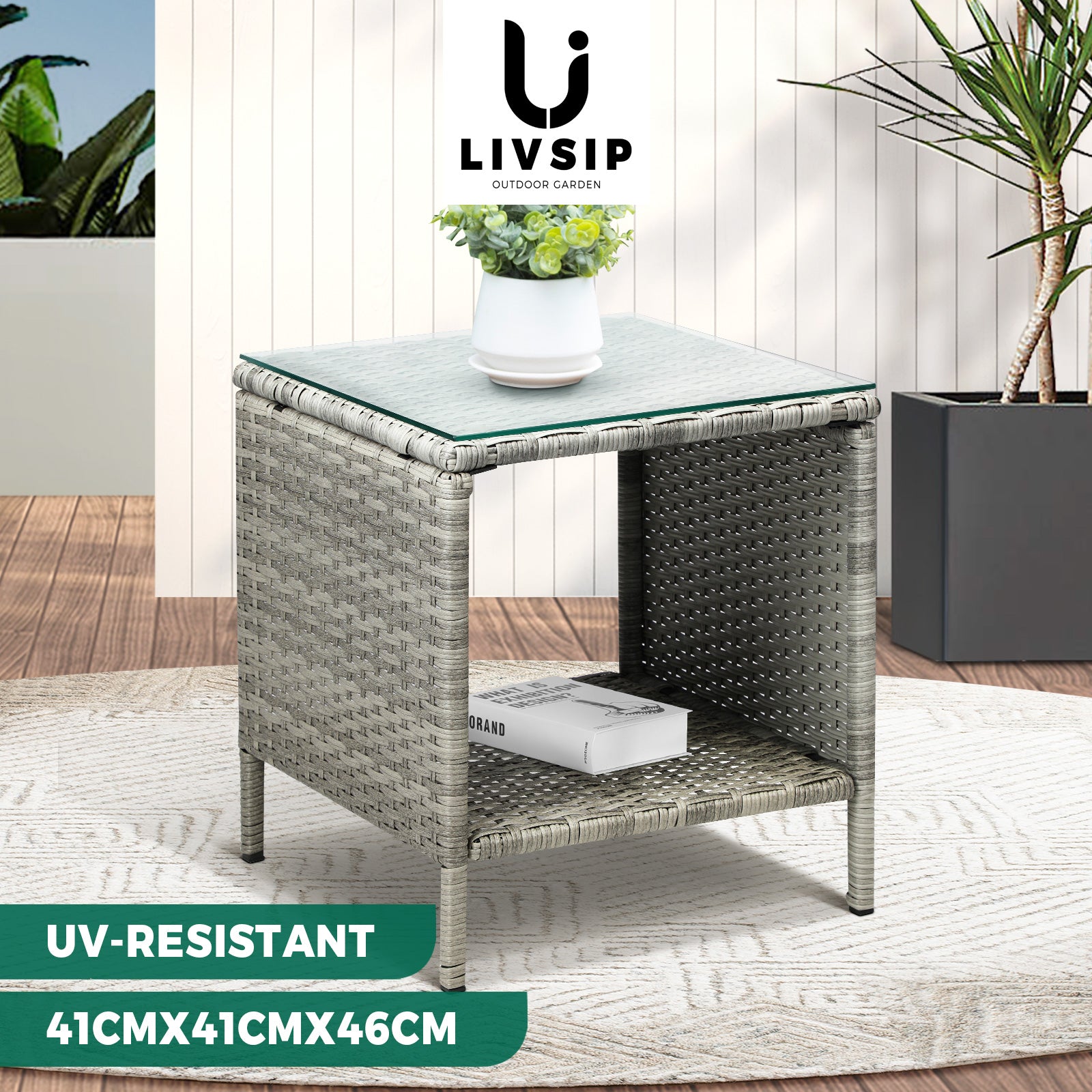 Livsip Rattan Side Table Outdoor Furniture Coffee Patio Desk Indoor Garden Decor - Sunyee