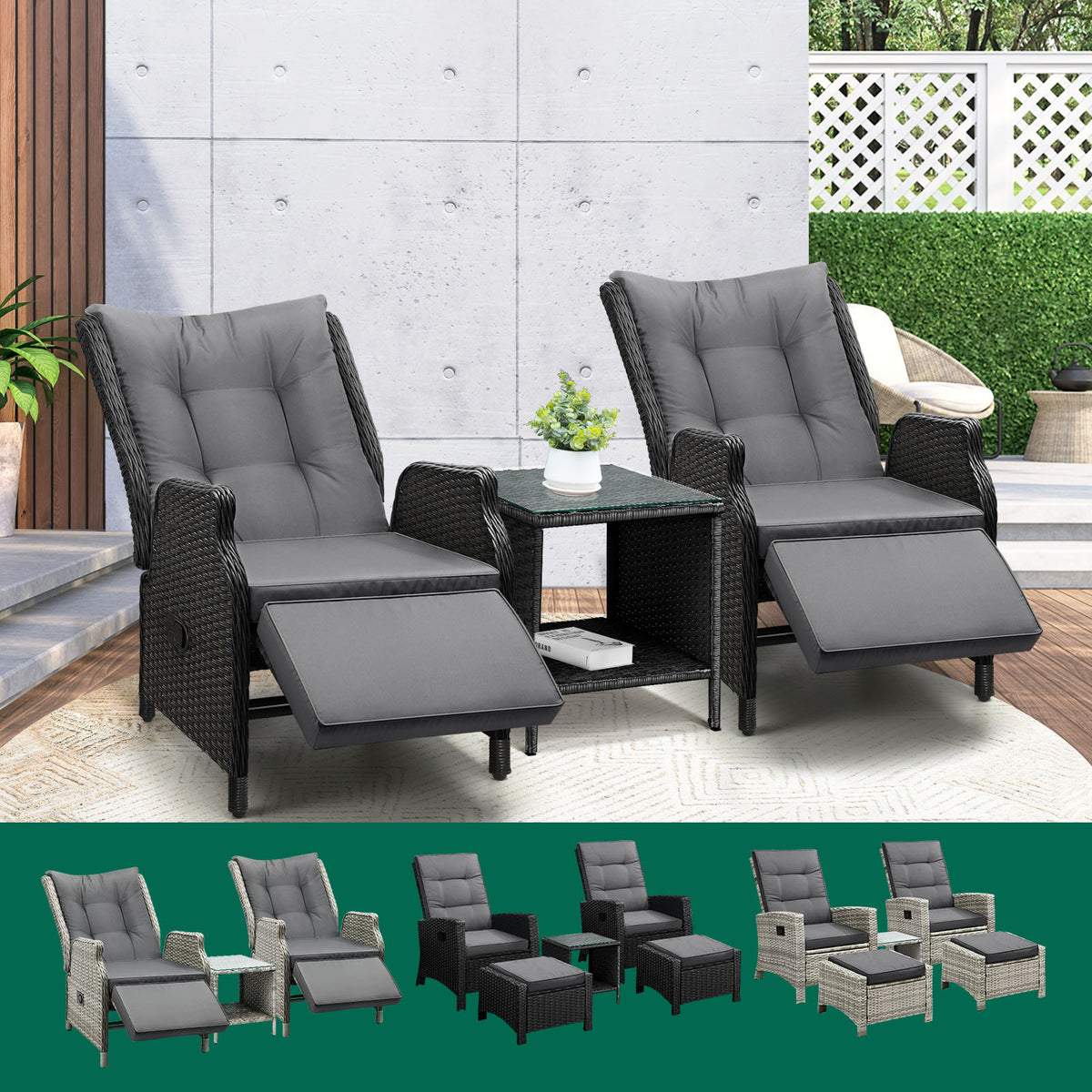 Livsip Recliner Chairs Outdoor Sun Lounge Wicker Sofa Patio Furniture Setting - Sunyee