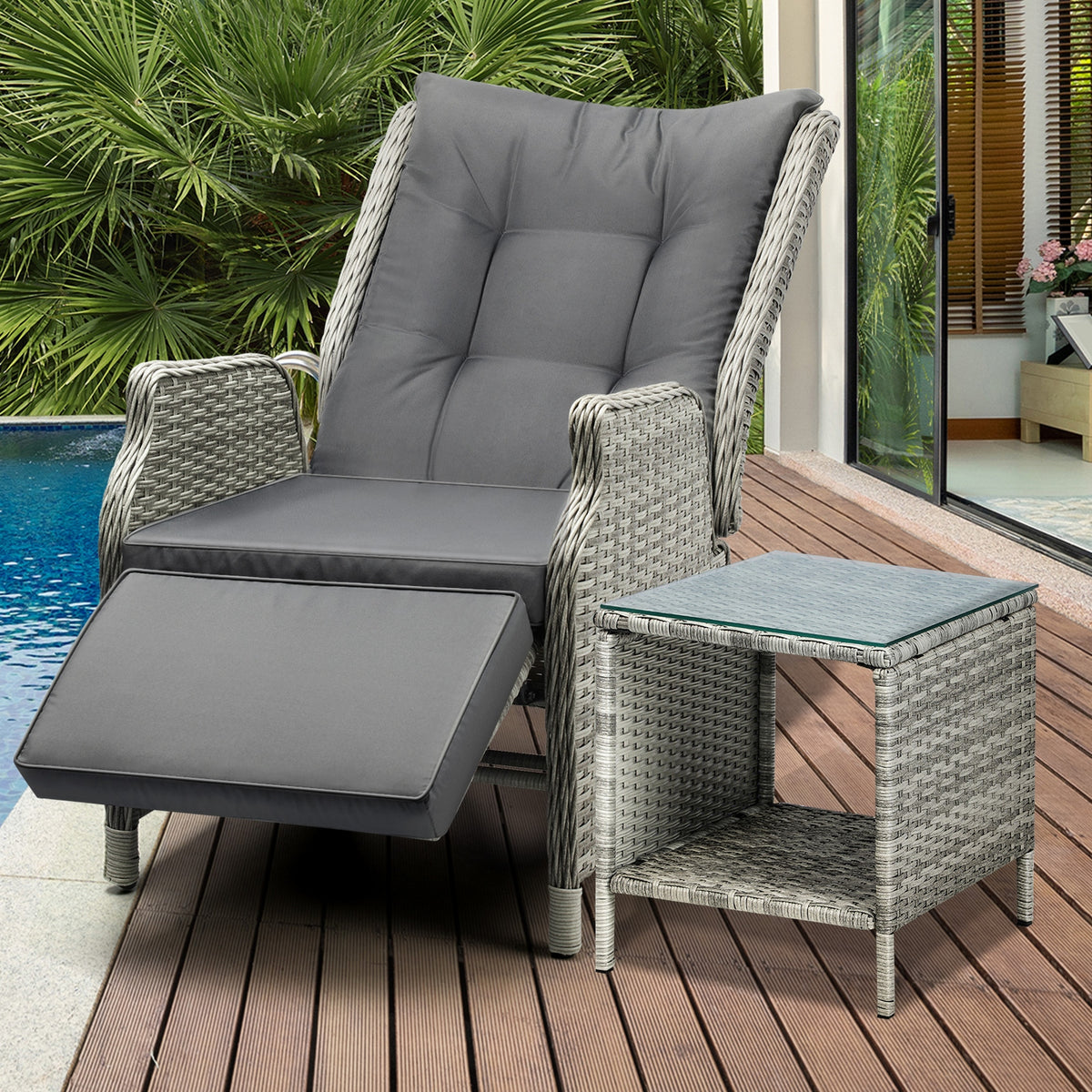 Livsip Outdoor Recliner Chair Sun Lounge & Table Set Furniture Patio Sofa - Sunyee