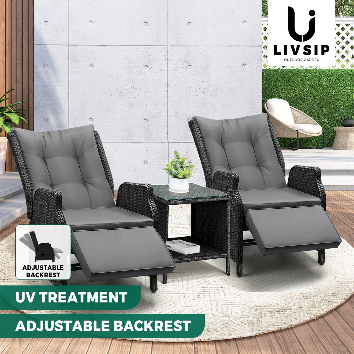 Livsip Recliner Chairs Outdoor Sun Lounge Wicker Sofa Patio Furniture Setting - Sunyee