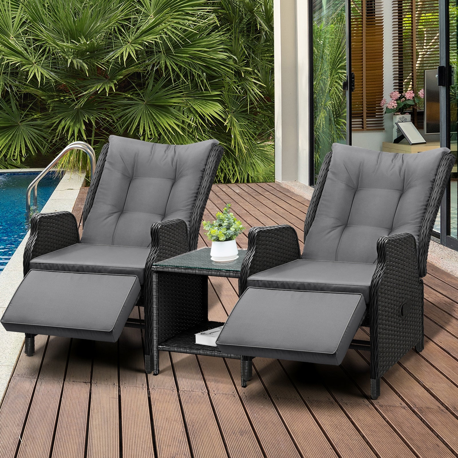 Livsip Sun Lounge Outdoor Recliner Chair &Table Outdoor Furniture Patio Set of 3 - Sunyee