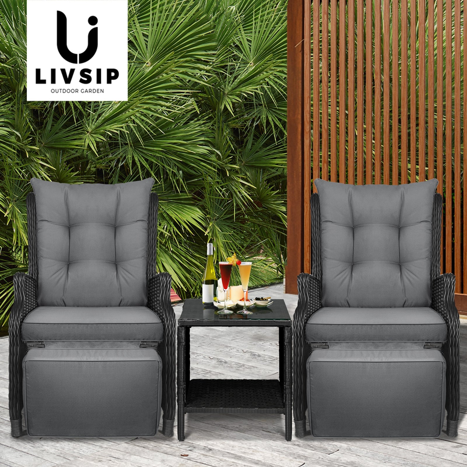 Livsip Sun Lounge Outdoor Recliner Chair &Table Outdoor Furniture Patio Set of 3 - Sunyee