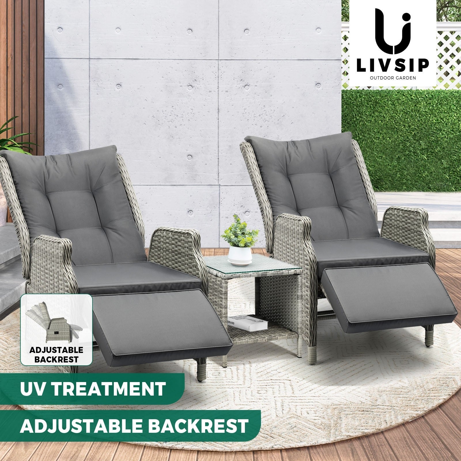Livsip Recliner Chairs Sun Lounge Outdoor Furniture Wicker Sofa Set Patio Garden - Sunyee