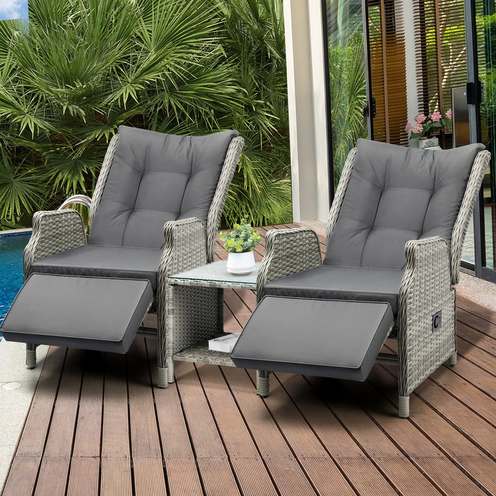Livsip Outdoor Recliners Sun Lounger & Table Outdoor Patio Furniture Set of 3 - Sunyee