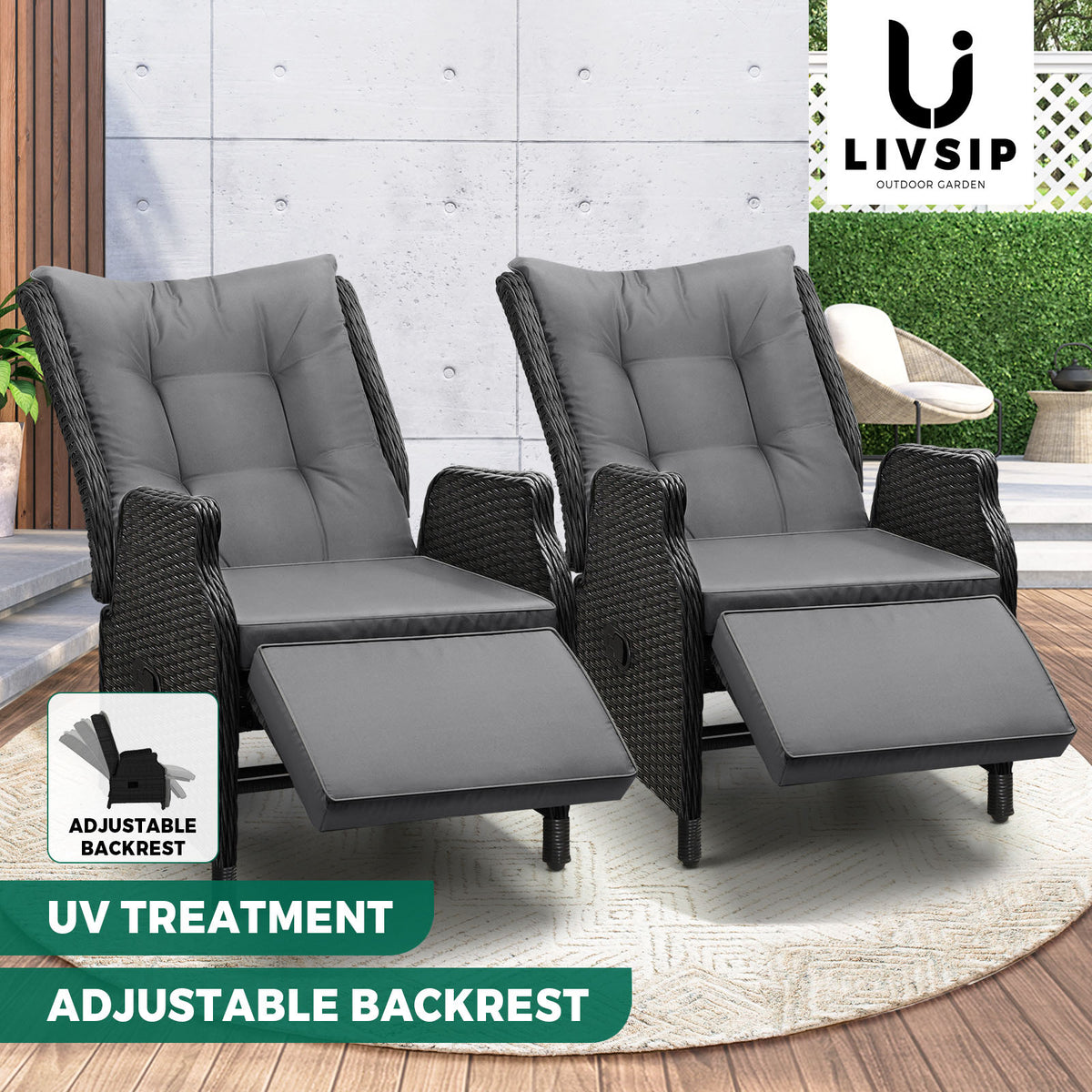 Livsip Recliner Chairs Outdoor Sun Lounge Wicker Sofa Patio Furniture Setting - Sunyee