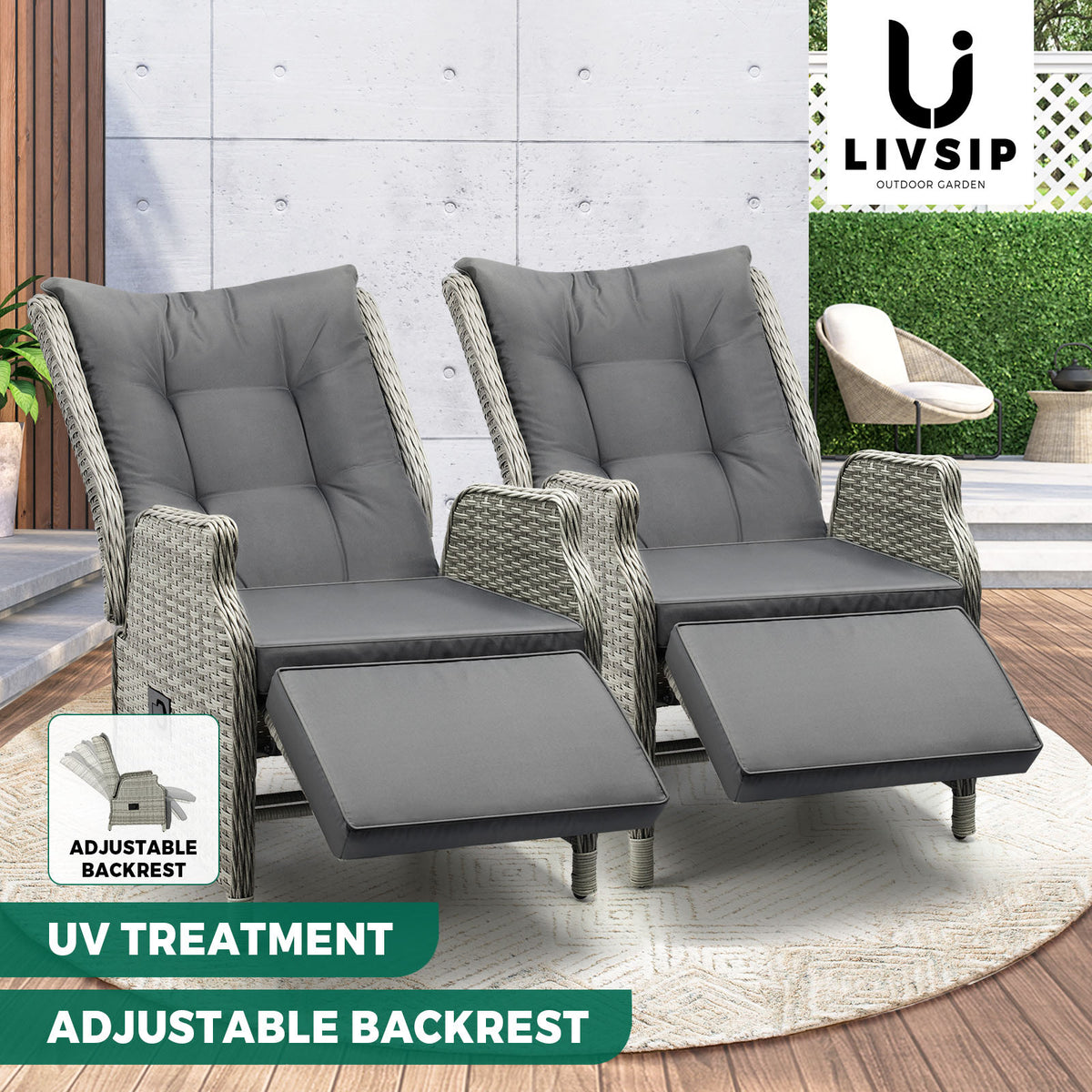 Livsip Recliner Chairs Outdoor Sun Lounge Wicker Sofa Patio Furniture Setting - Sunyee