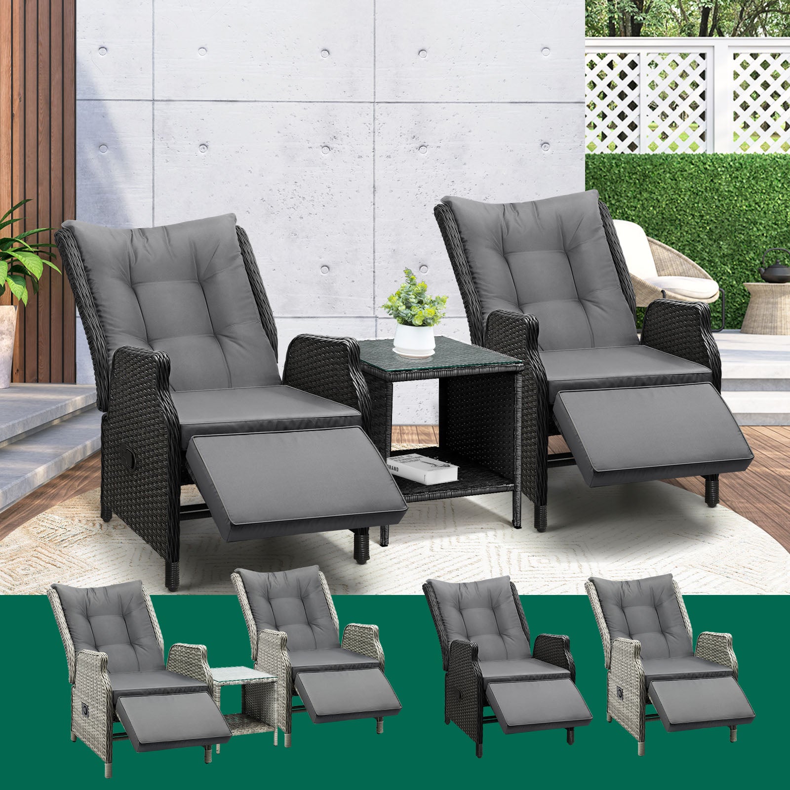 Livsip Recliner Chairs Sun Lounge Outdoor Furniture Wicker Sofa Set Patio Garden - Sunyee