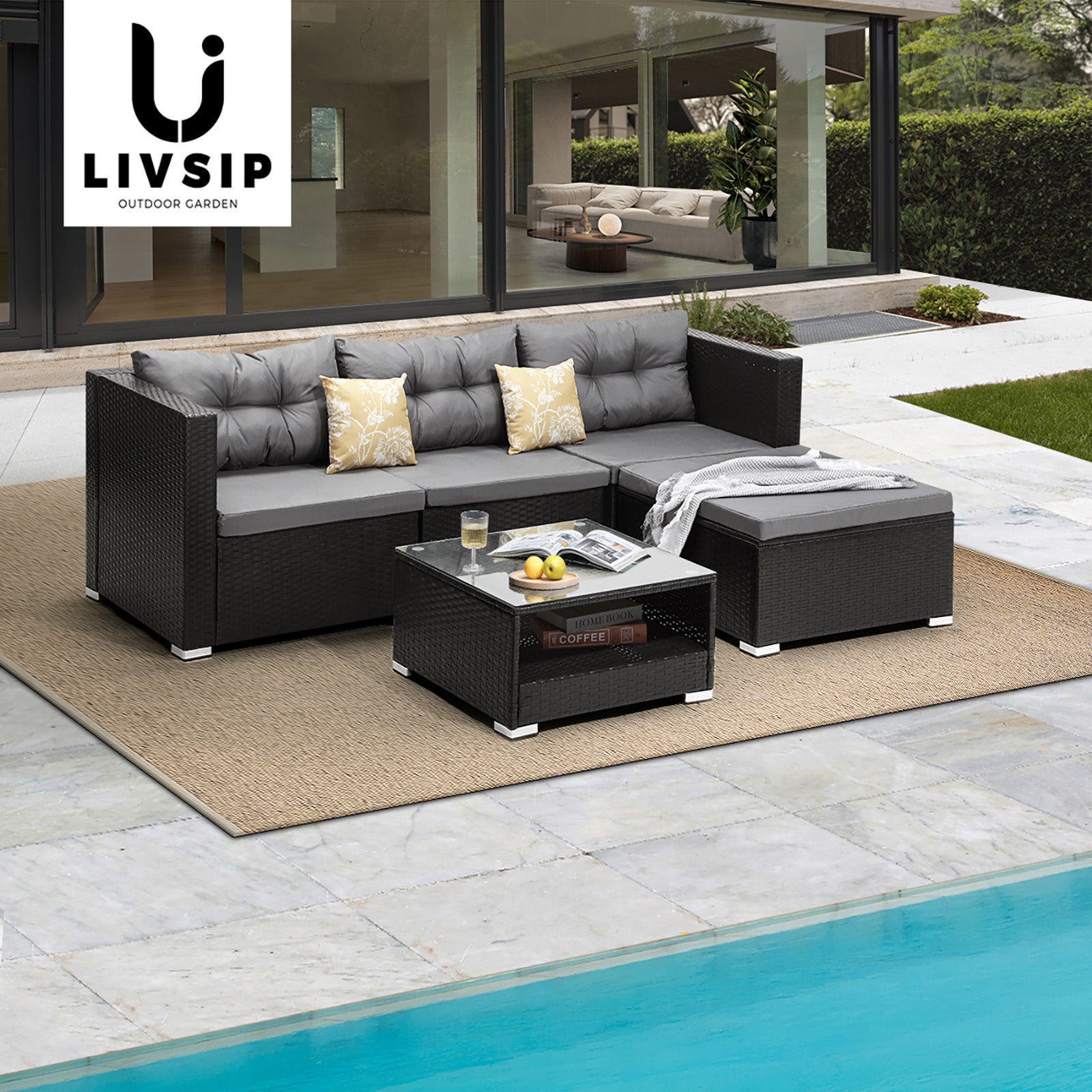Livsip Outdoor Sofa Set 4 Seater Corner Modular Lounge Setting Patio Furniture - Sunyee