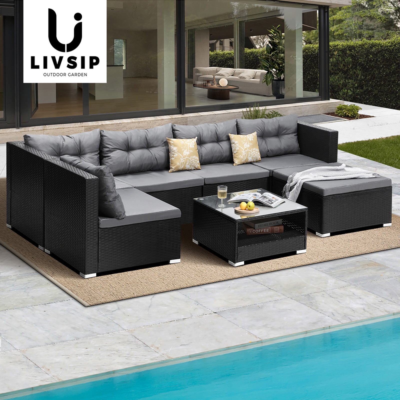 Livsip Outdoor Lounge Setting 7pc Wicker Sofa Set Furniture Rattan Patio Garden - Sunyee
