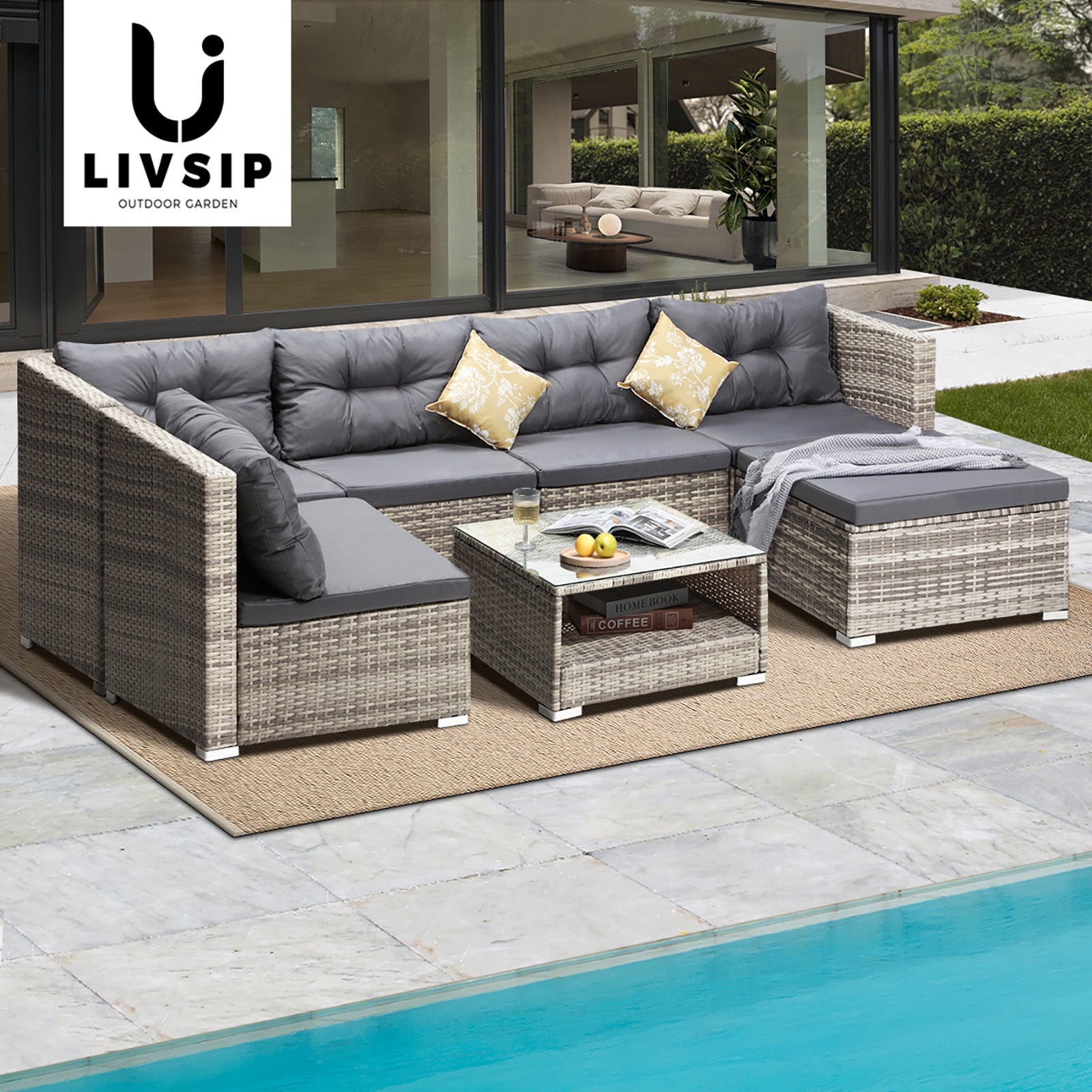 Livsip 6 Seater Outdoor Lounge Furniture Wicker Set Sofa Rattan Table Setting - Sunyee