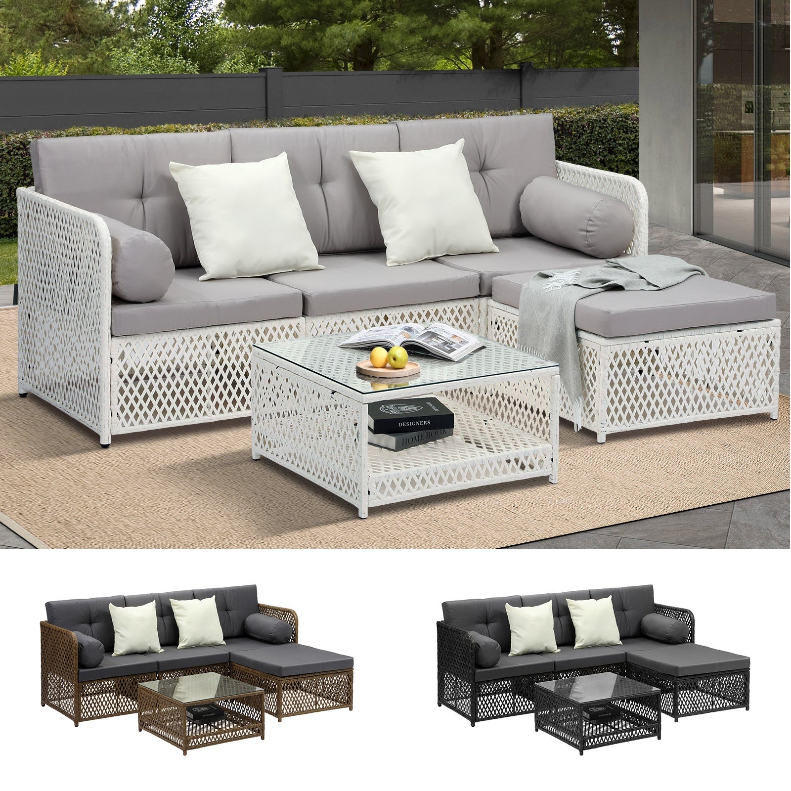 Livsip Outdoor Sofa Set 4 Seater Wicker Rattan Garden Lounge Setting Table Chair - Sunyee