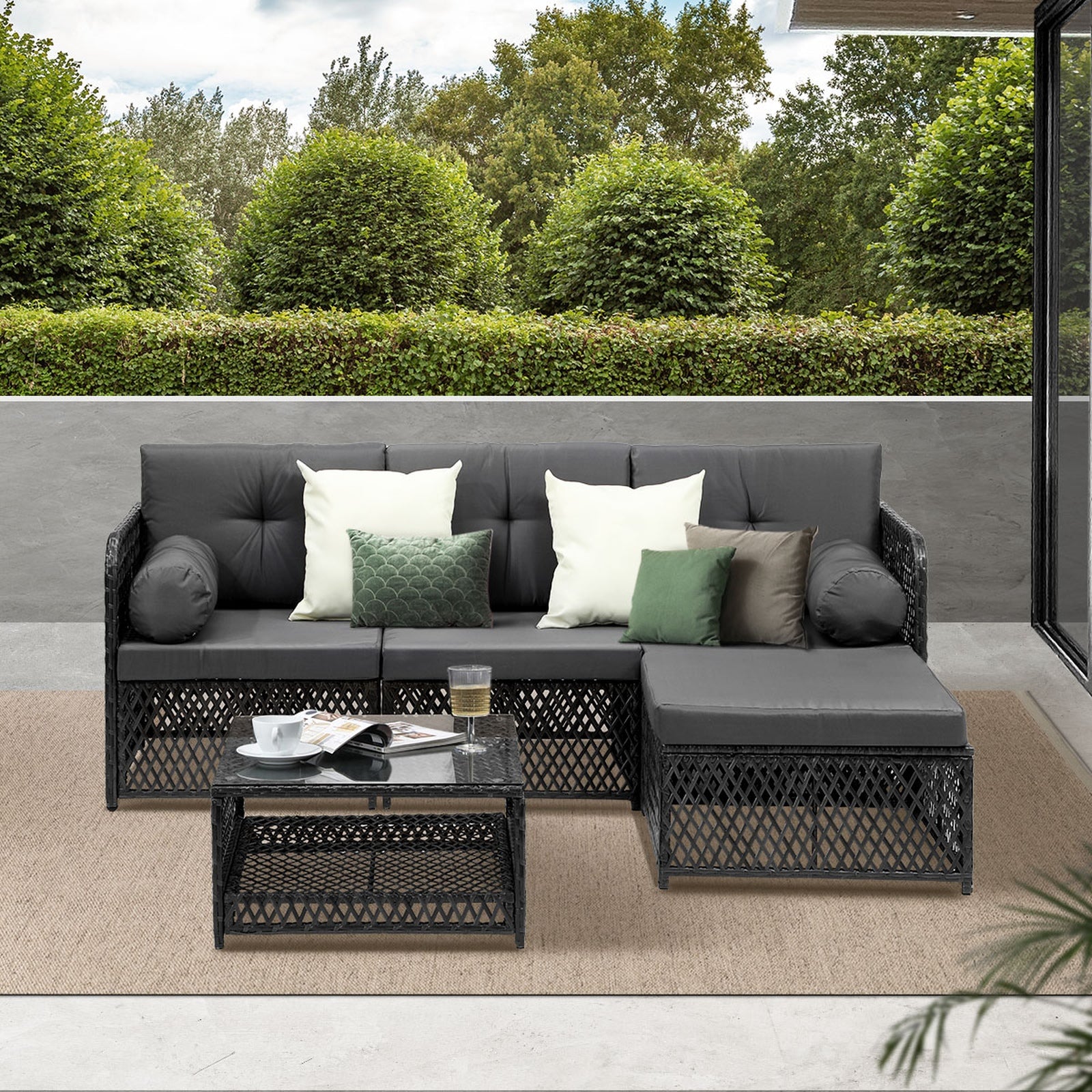 Livsip Outdoor Sofa Set 4 Seater Wicker Rattan Garden Lounge Setting Table Chair - Sunyee