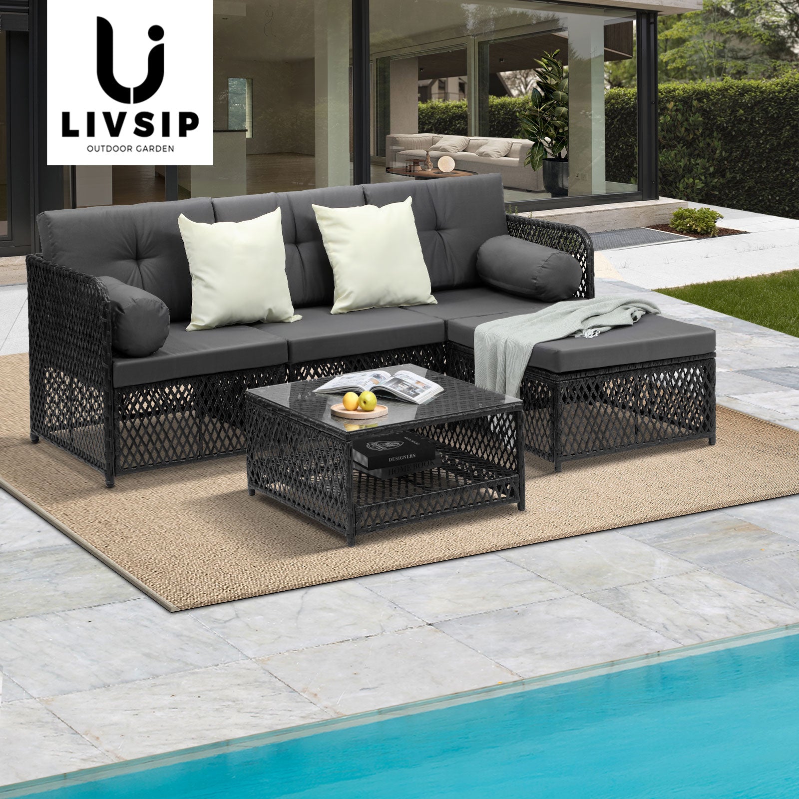 Livsip Outdoor Sofa Set 4 Seater Wicker Corner Modular Lounge Setting Furniture - Sunyee