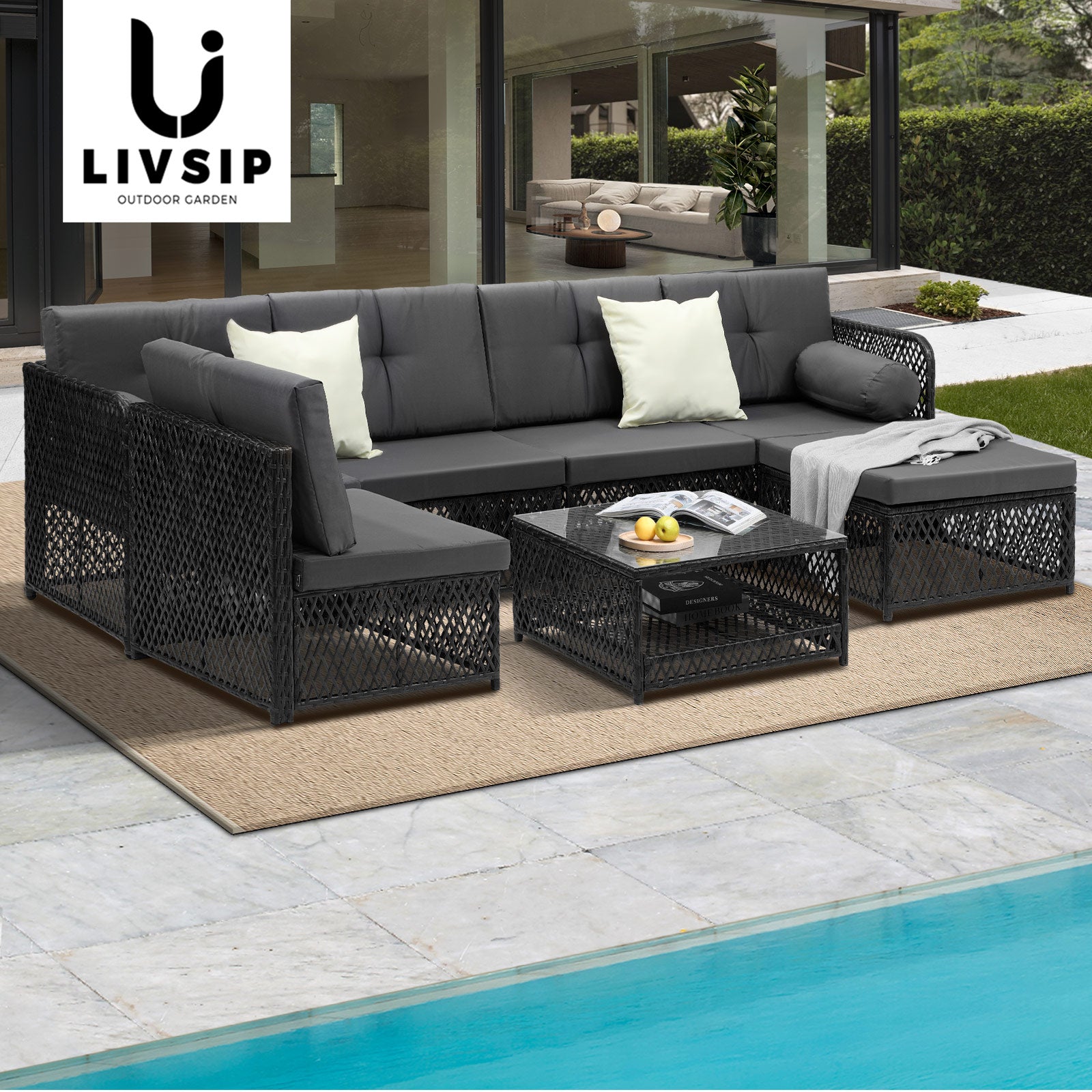 Livsip Outdoor Sofa Set 6 Seater Wicker Rattan Lounge Setting Patio Furniture - Sunyee