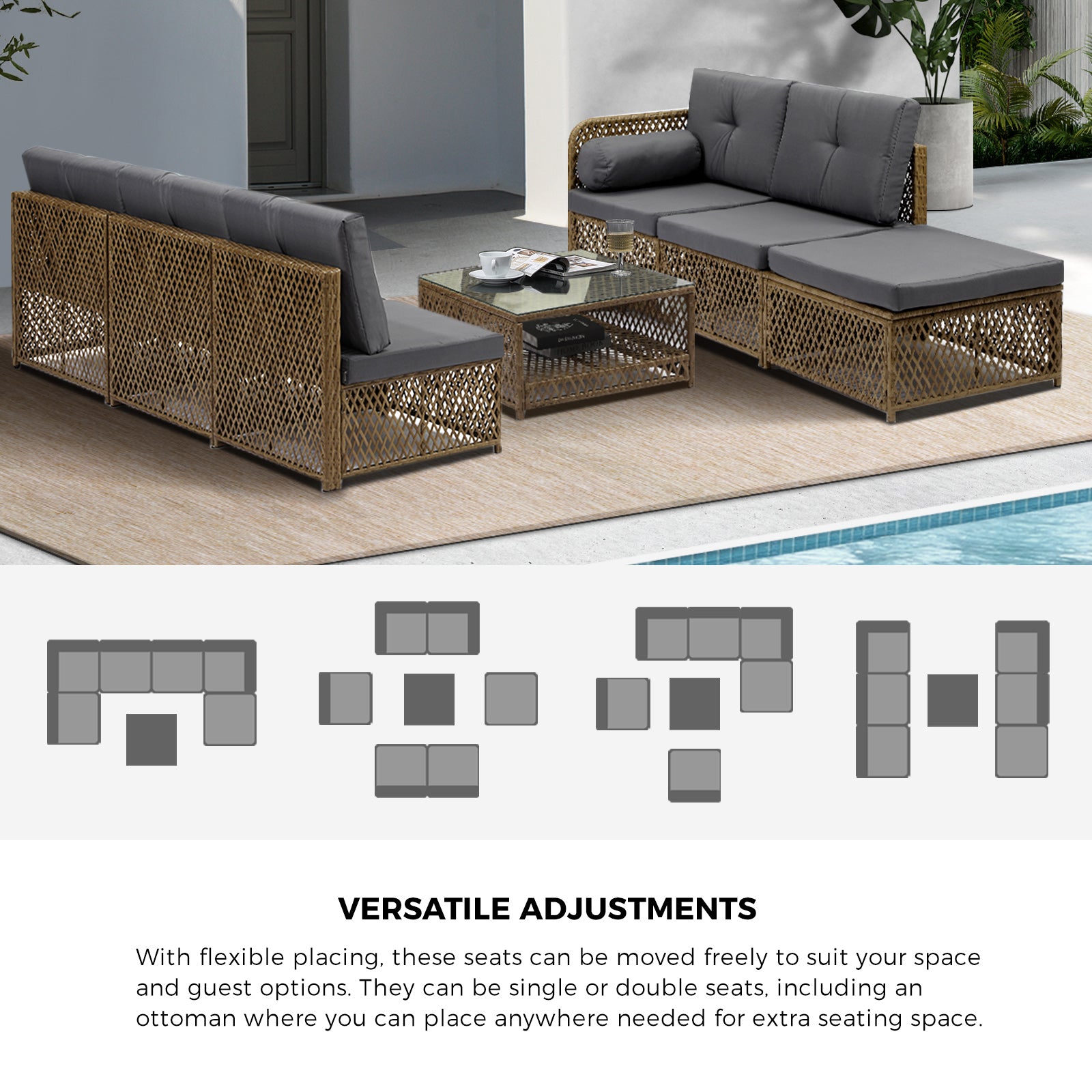 Livsip Outdoor Furniture Lounge Setting 6 Seater Wicker Sofa Set Patio Garden - Sunyee