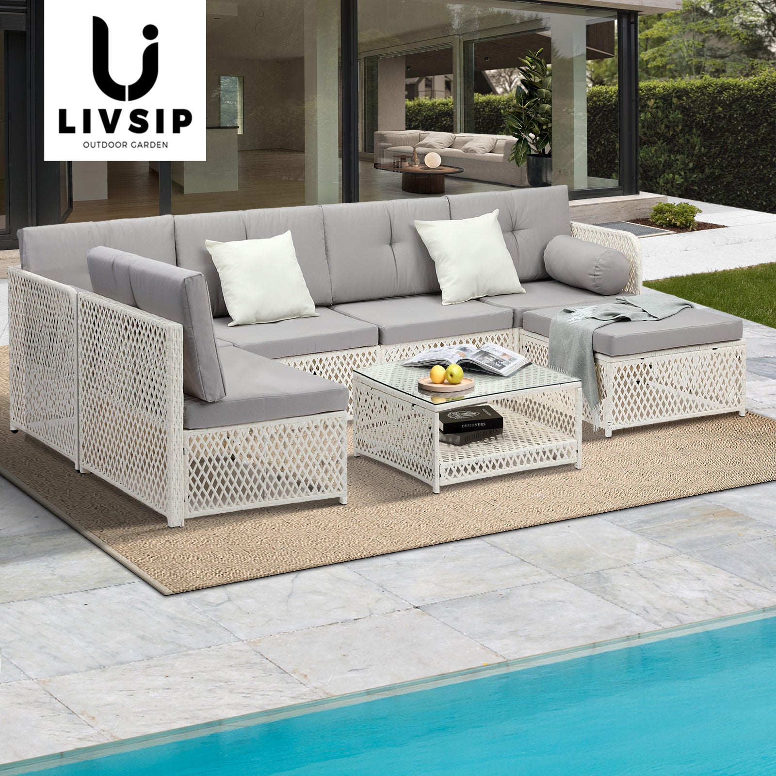 Livsip Outdoor Furniture Sofa Set 7-Piece Wicker Lounge Setting Table Chairs - Sunyee