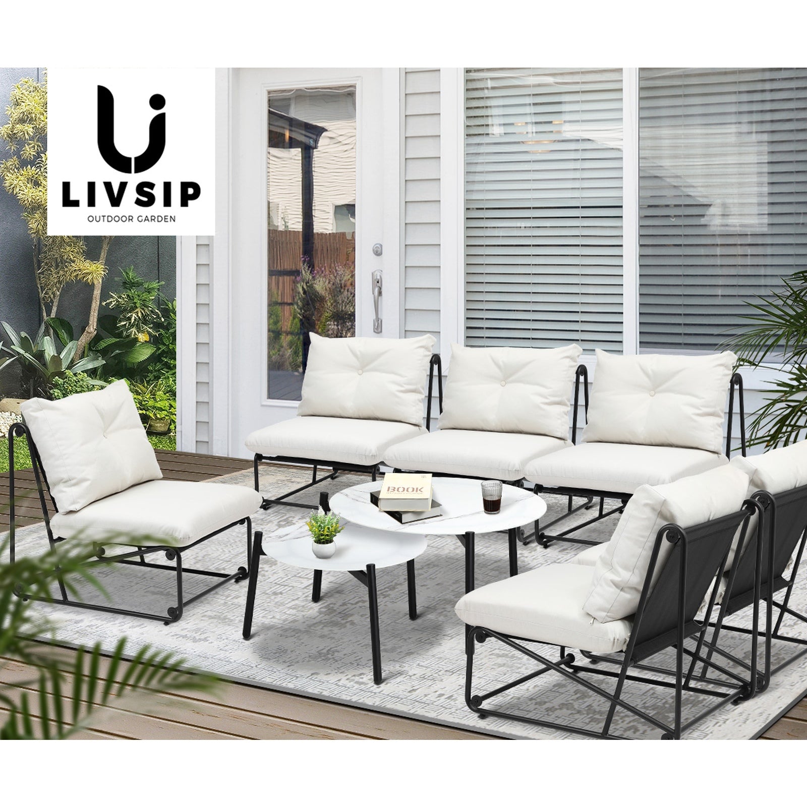 Livsip Outdoor Furniture Sofa Set 8 PCS Patio Lounge Setting Table Chairs Beige - Sunyee