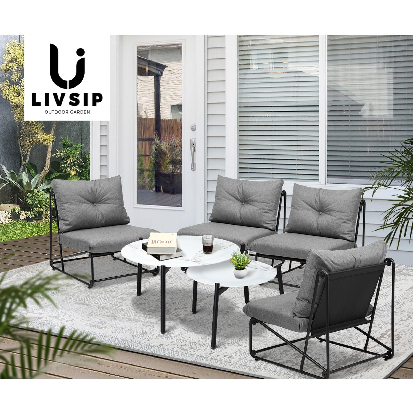 Livsip Outdoor Sofa Set 6 PCS Lounge Setting Table Chairs Patio Furniture Grey - Sunyee