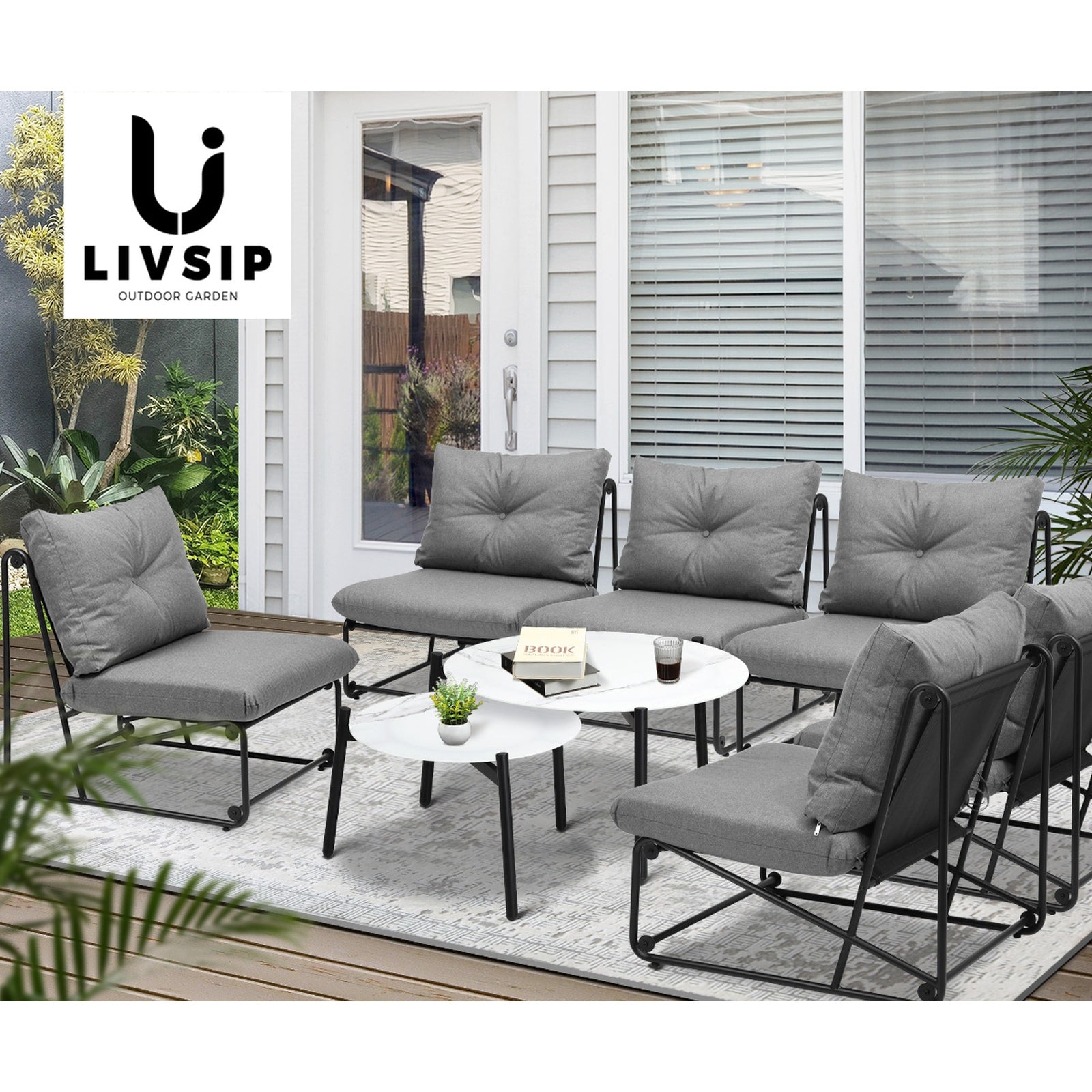 Livsip Outdoor Furniture Sofa Set 8 Piece Patio Lounge Setting Table Chairs Grey - Sunyee