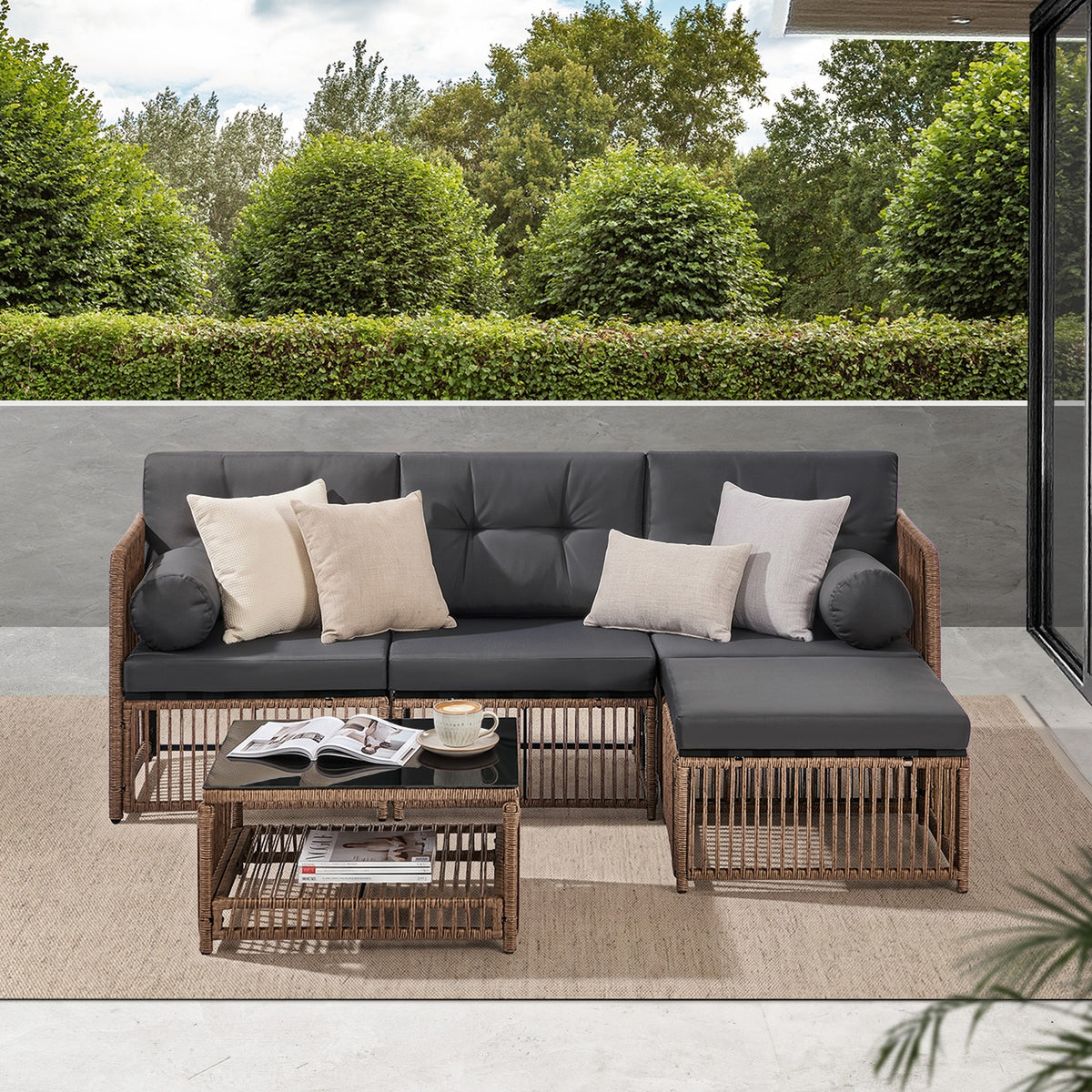 Livsip 4 Seater Outdoor Dining Sofa Set 5PCS Wicker Lounge Setting Chairs Table