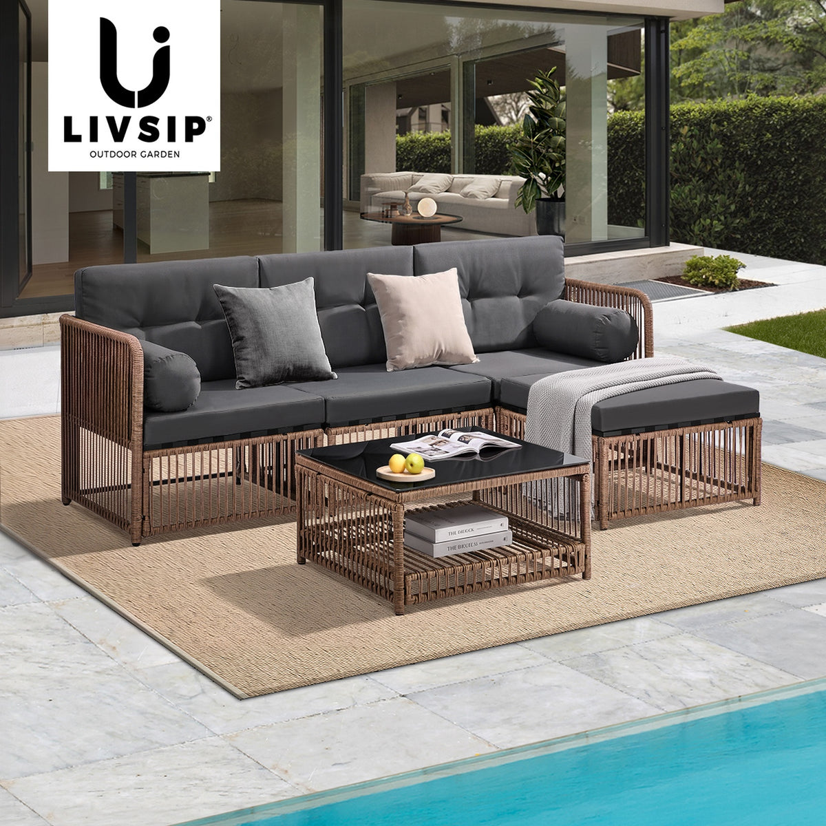 Livsip 4 Seater Outdoor Dining Sofa Set 5PCS Wicker Lounge Setting Chairs Table