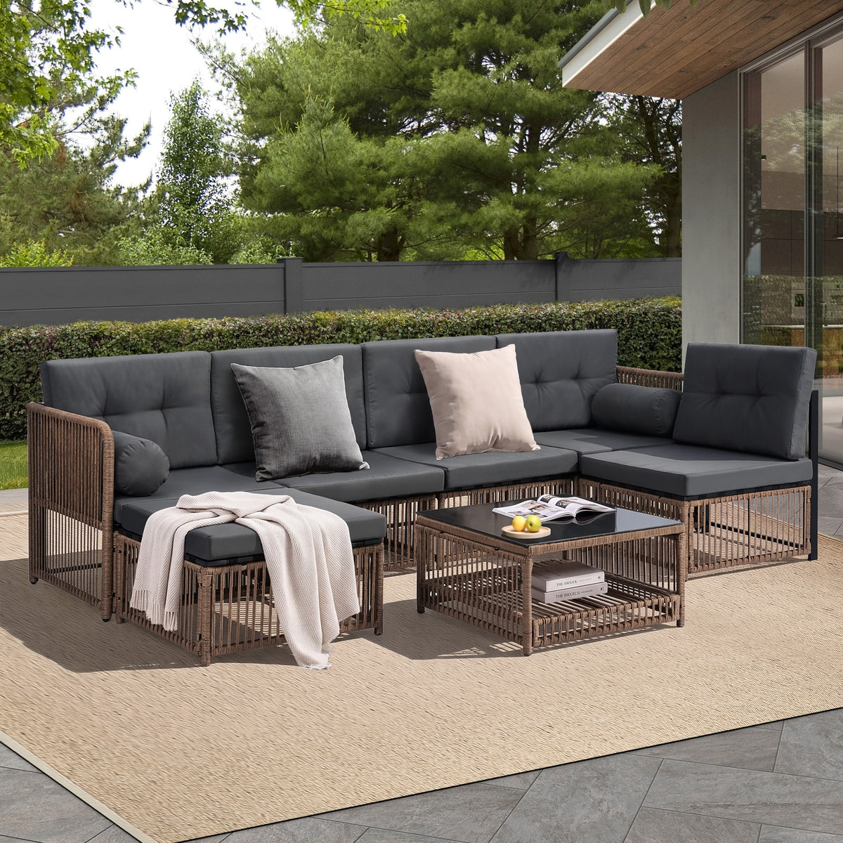 Livsip 6 Seater Outdoor Sofa Set 7PCS Wicker Lounge Setting Patio Furniture